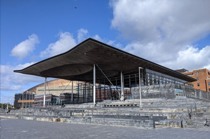 Senedd Cymru building in Cardiff bay in the sunshine