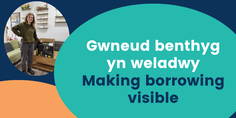 Turquoise bubble with the text "making borrowing visible". Alongside a bubble which contains a photo of a woman smiling with a pressure washer in a box