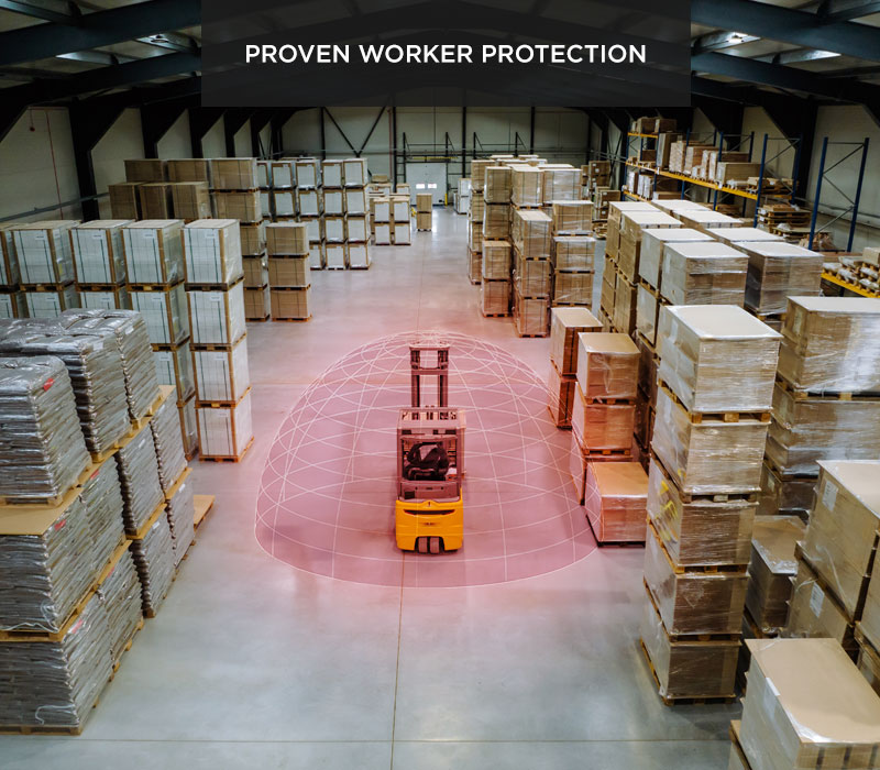 A forklift moving through a warehouse with a SensorZone detection bubble superimposed around it.