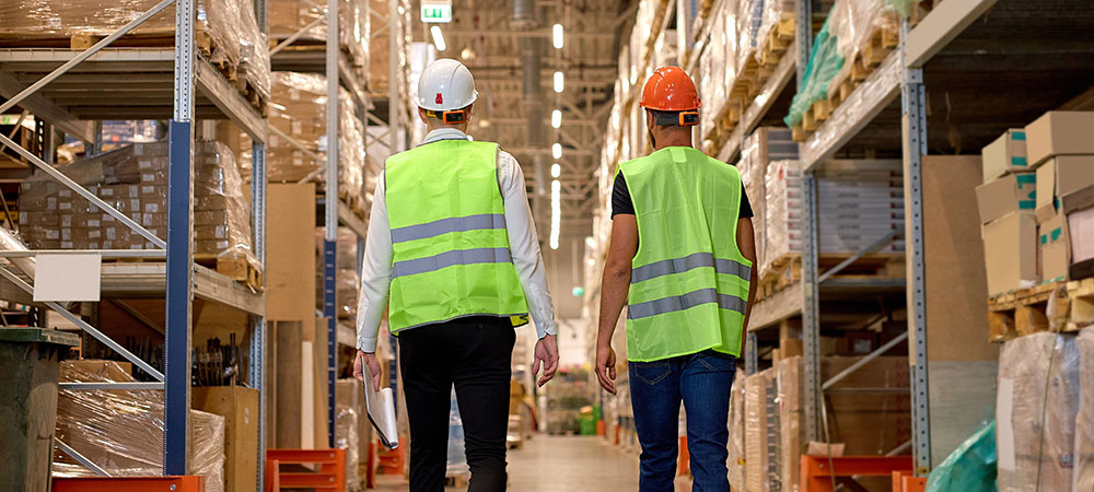 Two warehouse workers wearing SensorZone tags