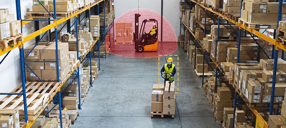 An aisle in a warehouse with a worker and a forklift. The forklift has a SensorZone detection bubble superimposed around it.