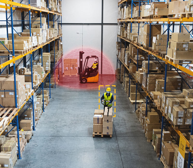 An aisle in a warehouse with a worker and a forklift. The forklift has a SensorZone detection bubble superimposed around it.