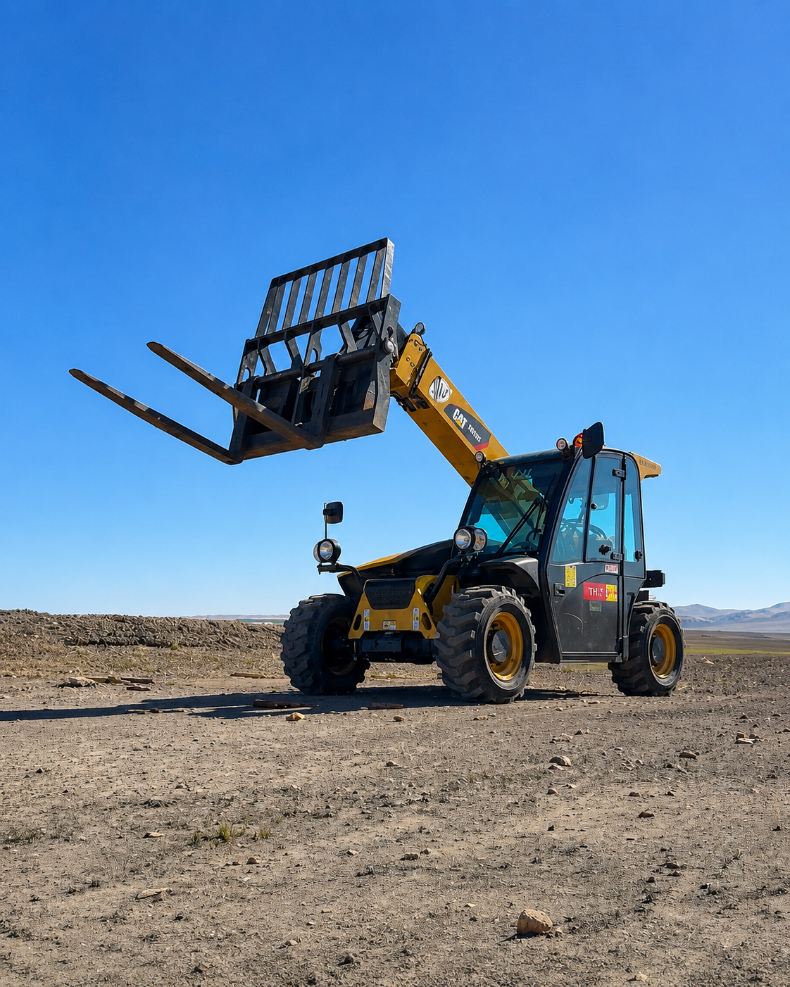 GKD telehandler height limiter system shown on a CAT telehandler at an oilfield site