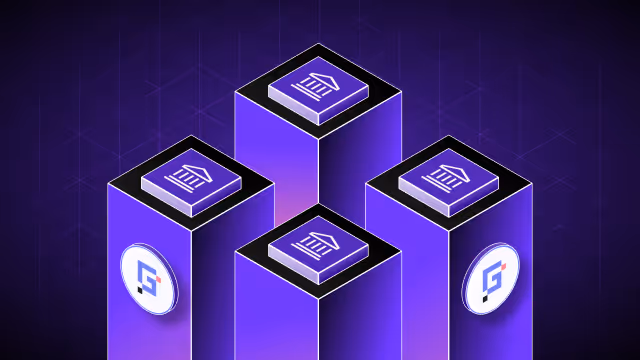 Four purple pillars with blockchain and digital contract icons on top, representing decentralized technology.