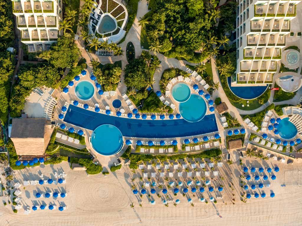 Overhead view of the resort pools