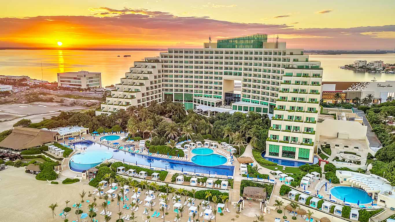 Aerial view of the resort at sunset