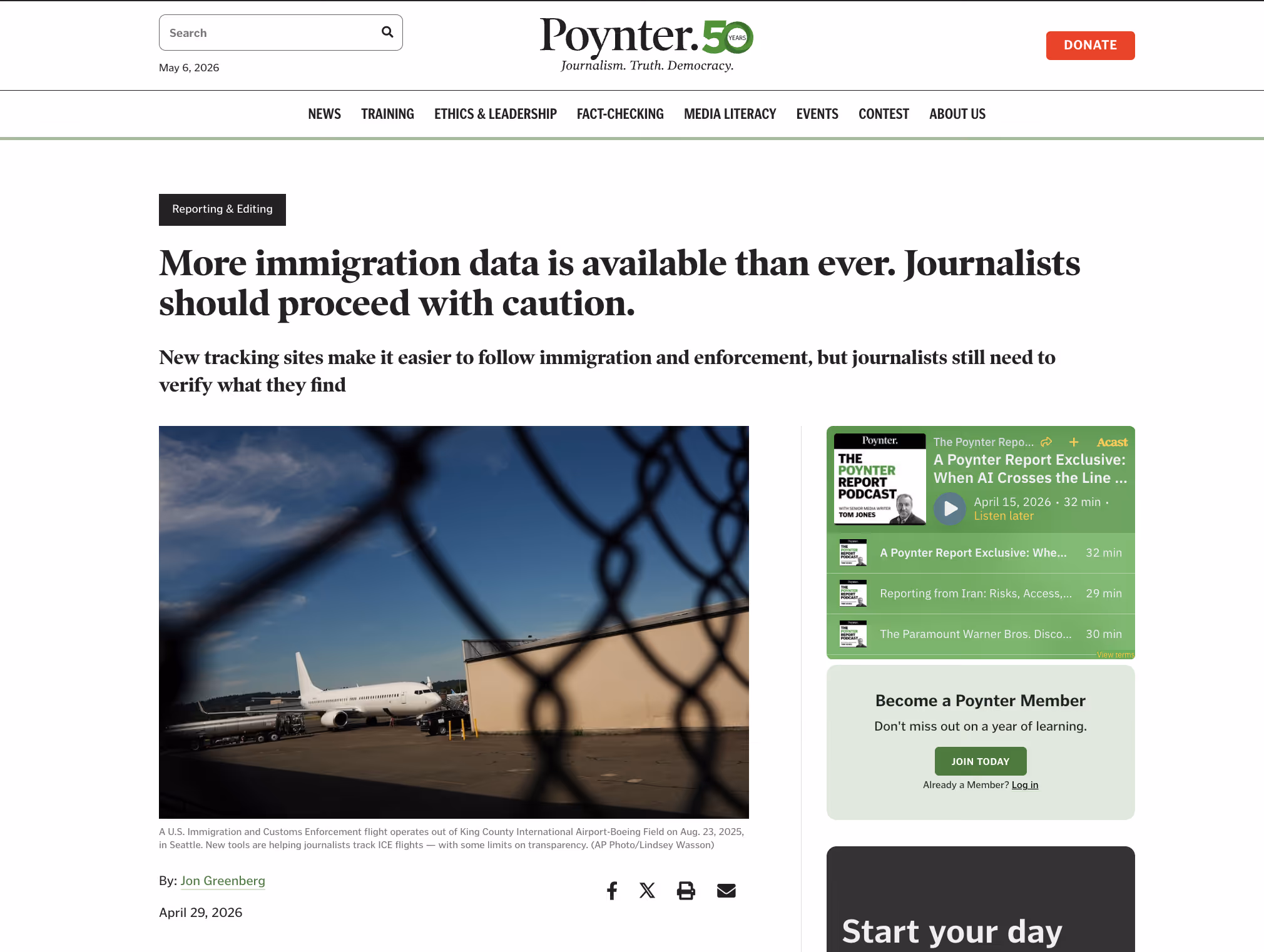 Screenshot of Poynter Institute article's headline, subheading, and header image of an airplane parked at an airport, the perspective is through a chain-link fence