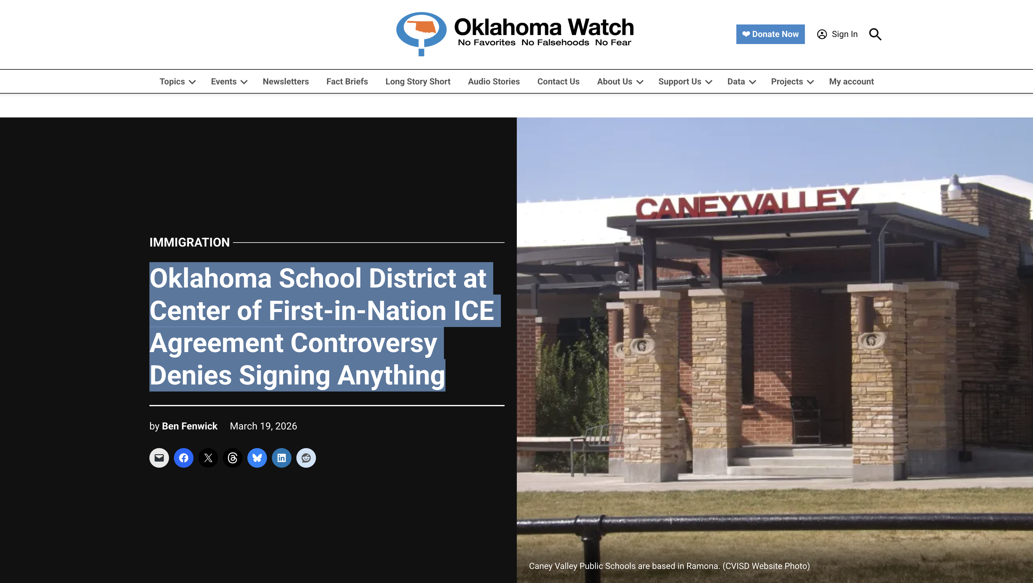 Screenshot of Oklahoma Watch article header image (of the Caney Valley Public School facility in Ramona, OK) and the article headline, byline, etc.