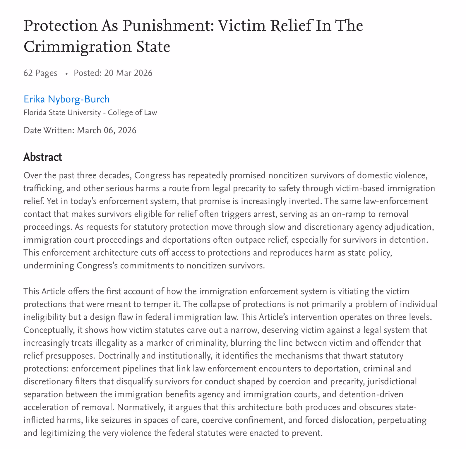Screenshot from SSRN showing paper title, author, and abstract for "Protection as Punishment: Victim Relief in the Crimmigration State" by Erika Nyborg-Burch (Florida State University College of Law), Written March 06, 2026.

https://ssrn.com/abstract=6360838