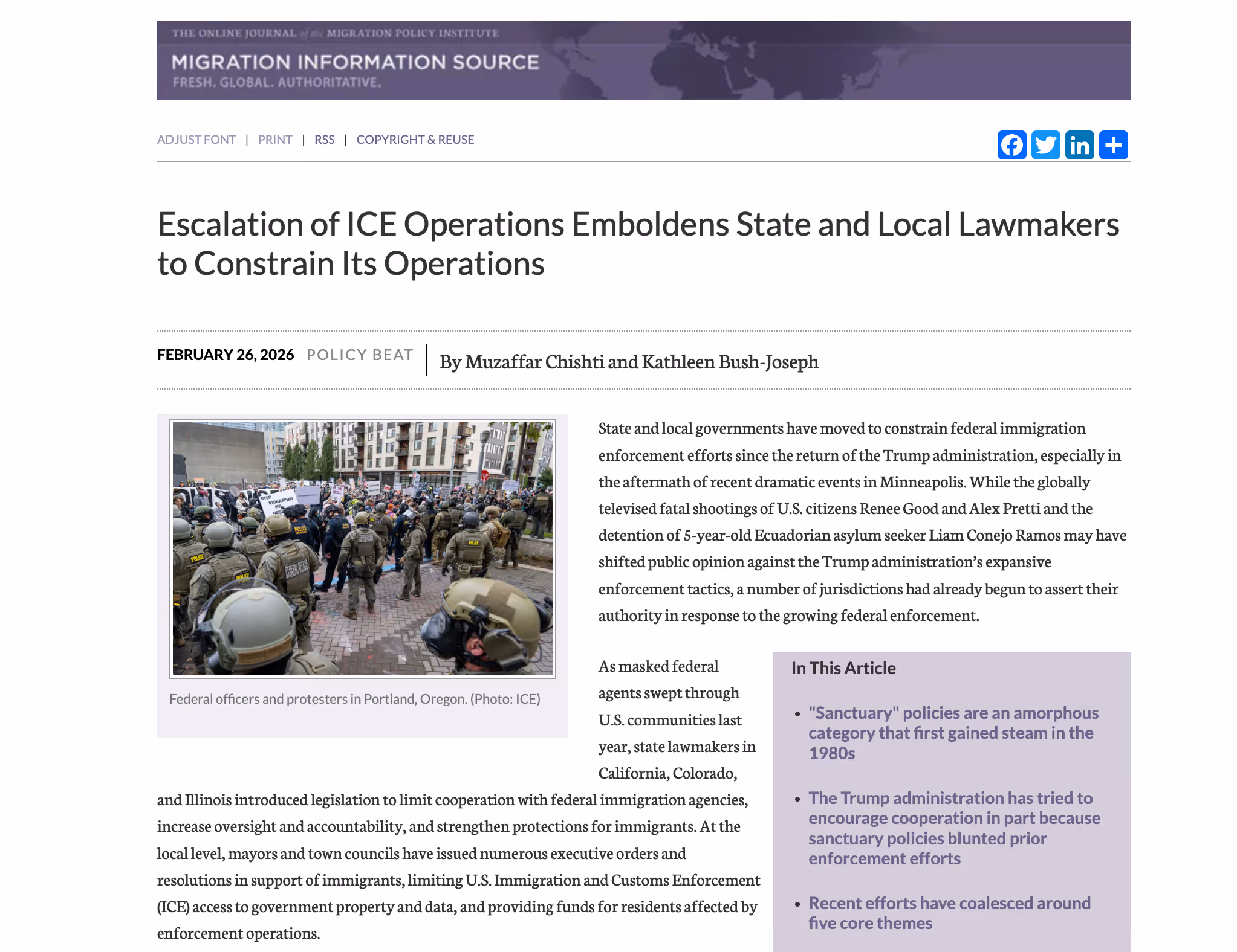 Screenshot of article from Migration Policy Institute from February 2026 headlined "Escalation of ICE Operations Emboldens State and Local Lawmakers to Constrain Its Operations" 