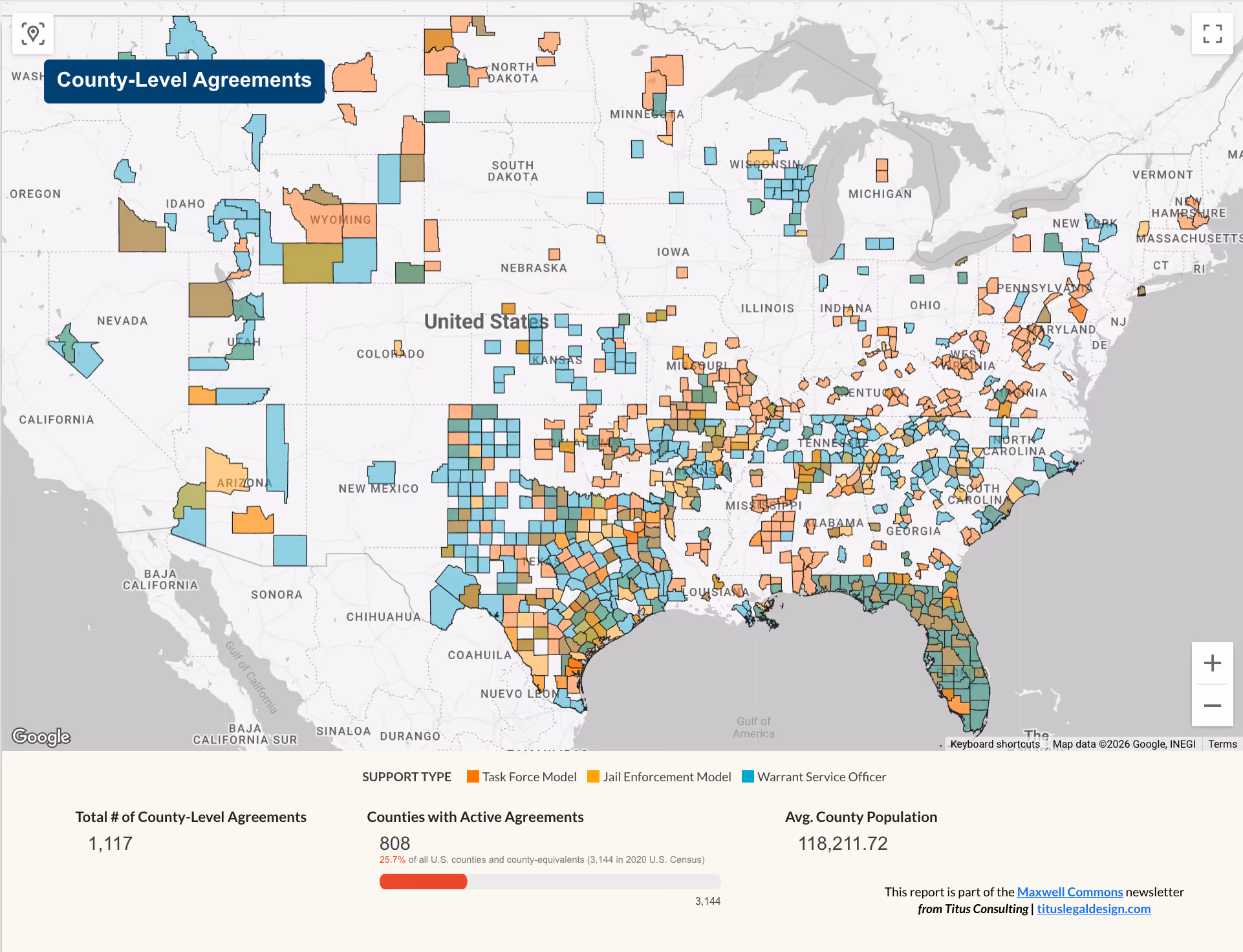 Filled-area map of the 819 U.S. county-level jurisdictions currently participating in the 287(g) program with a county-level law enforcement agency as of June 18, 2026.