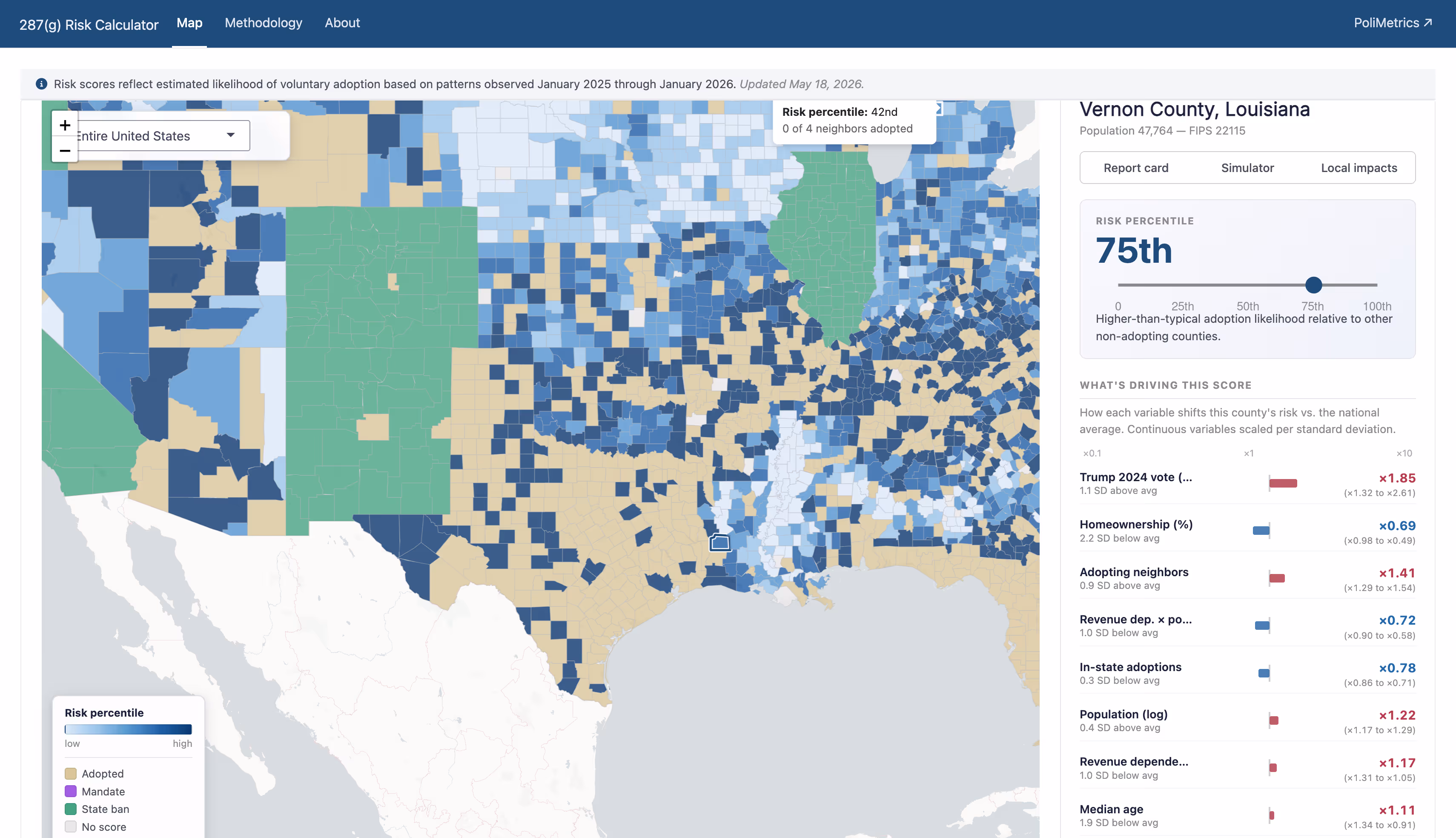 Screenshot of PoliMetrics 287(g) adoption risk calculator, with a large county-level filled area map with colors indicating whether a county is participating in the program. On the right side of the screen is a risk profile.