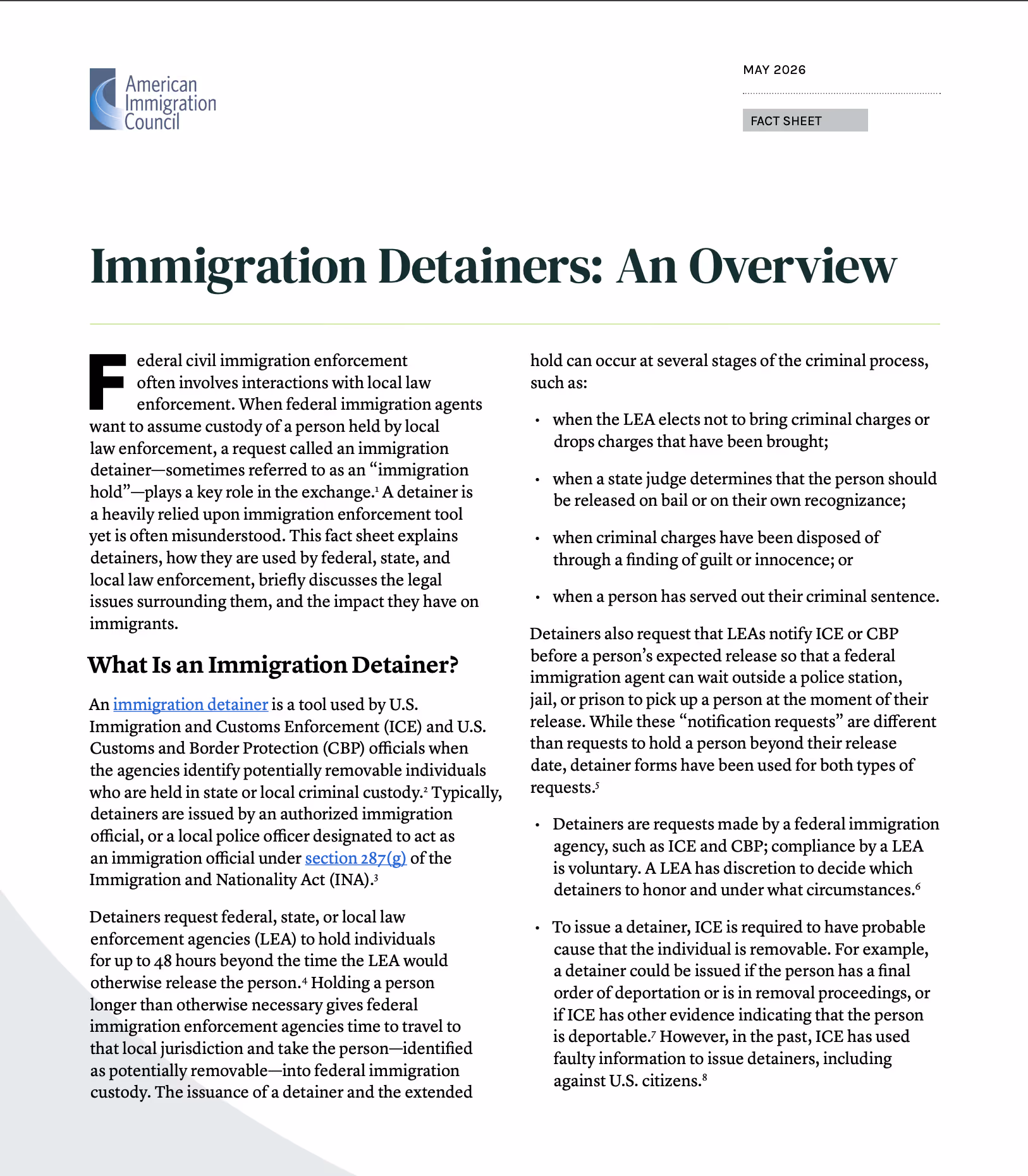 Screenshot of first page of "Immigration Detainers: An Overview" fact sheet pdf from the American Immigration Council (published May 2026)