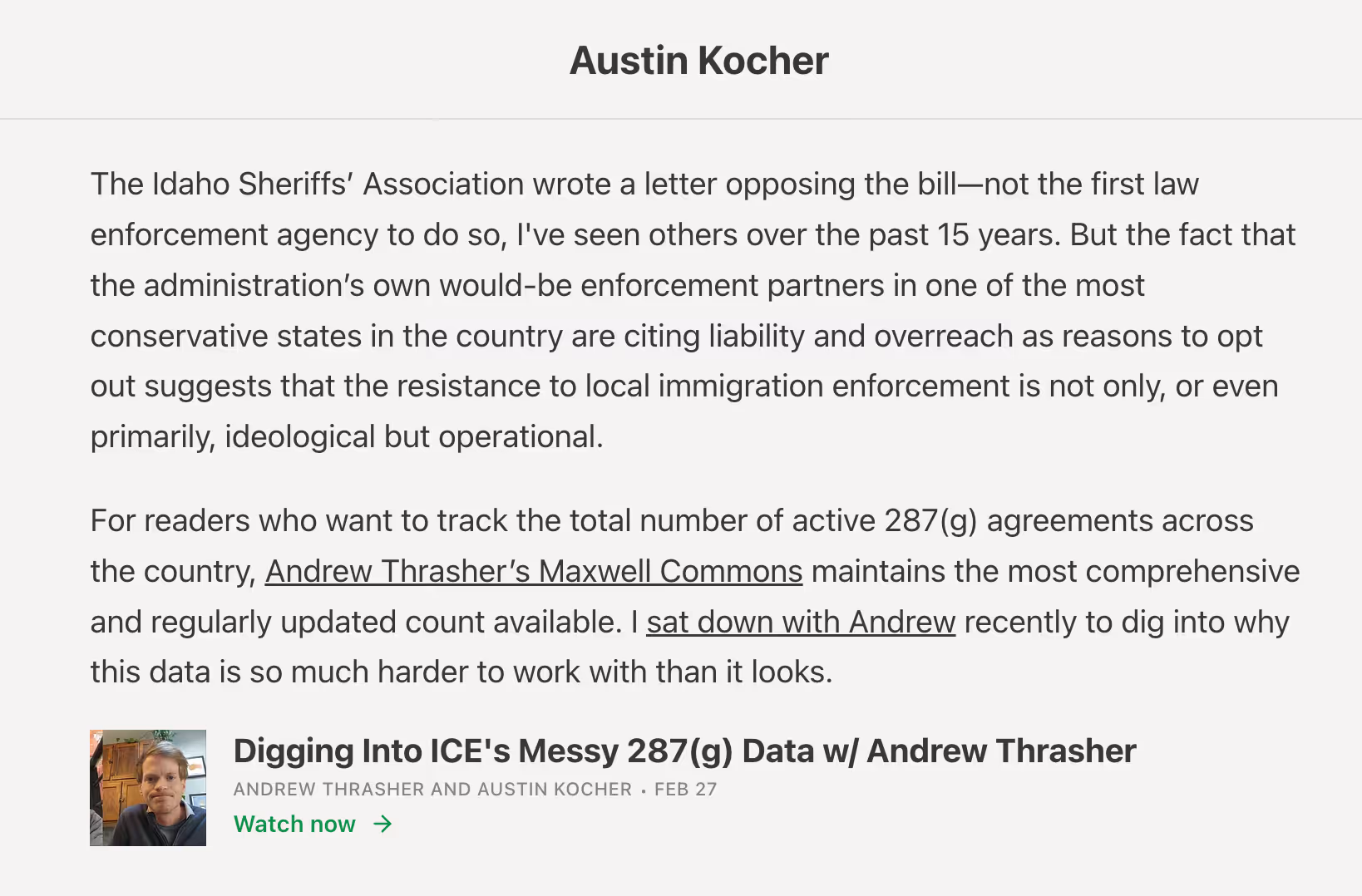 Screenshot of quoted section from Austin Kocher's Substack newsletter article titled "Trump's Deportation Machine is Getting a Reality Check"