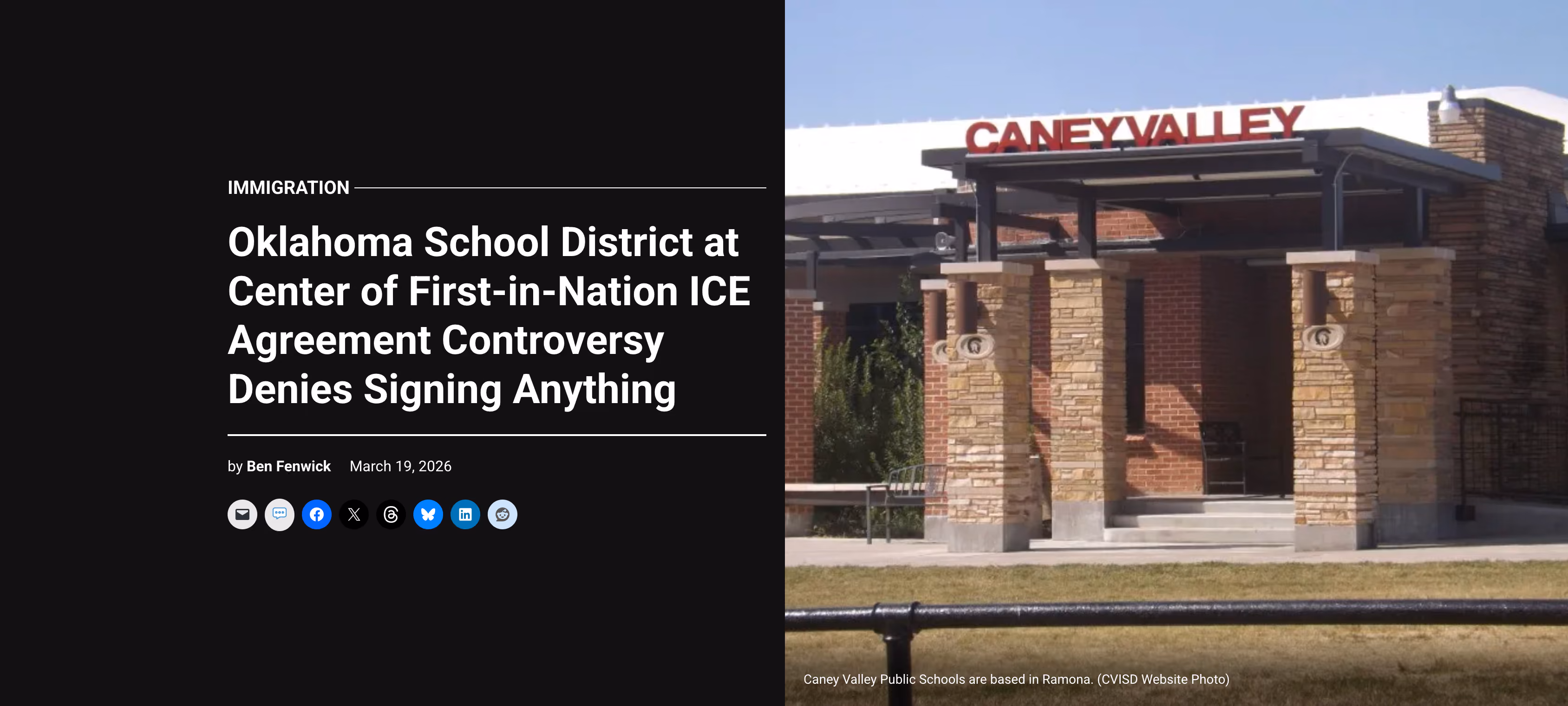 Screenshot of banner image (of Caney Valley school building) and headline for Oklahoma Watch article "Oklahoma School District at Center of First-in-Nation ICE Agreement Controversy Denies Signing Anything" (Ben Fenwick, March 19, 2026)