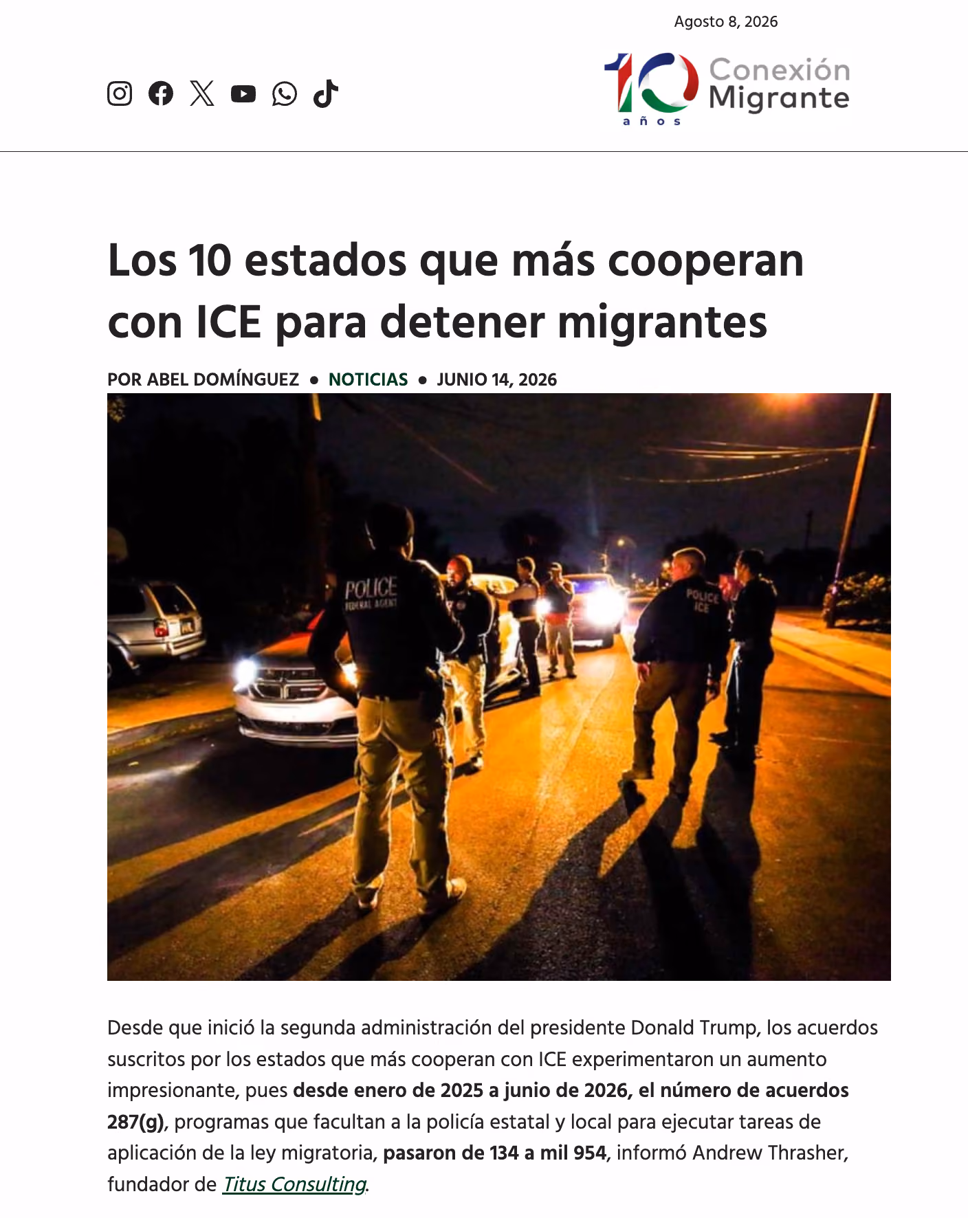 Screenshot of headline, primary image (of a group of police standing near a car with lights on, on an otherwise dark street), and first paragraph of linked article)