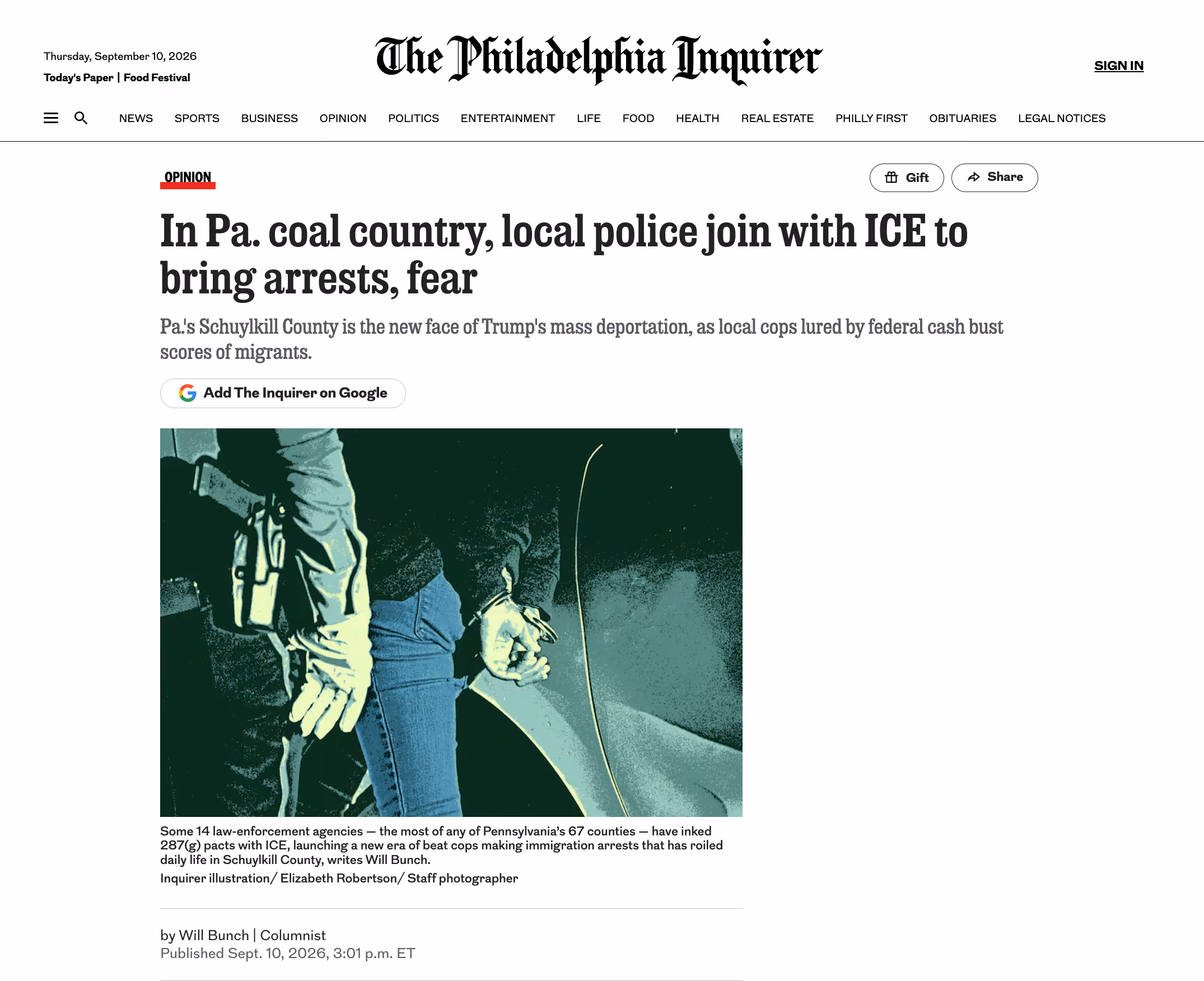 Article headline, byline, and hero image from The Philadelphia Inquirer: "In Pa. coal country, local police join with ICE to bring arrests, fear" by Will Bunch (Opinion section, September 12, 2026)