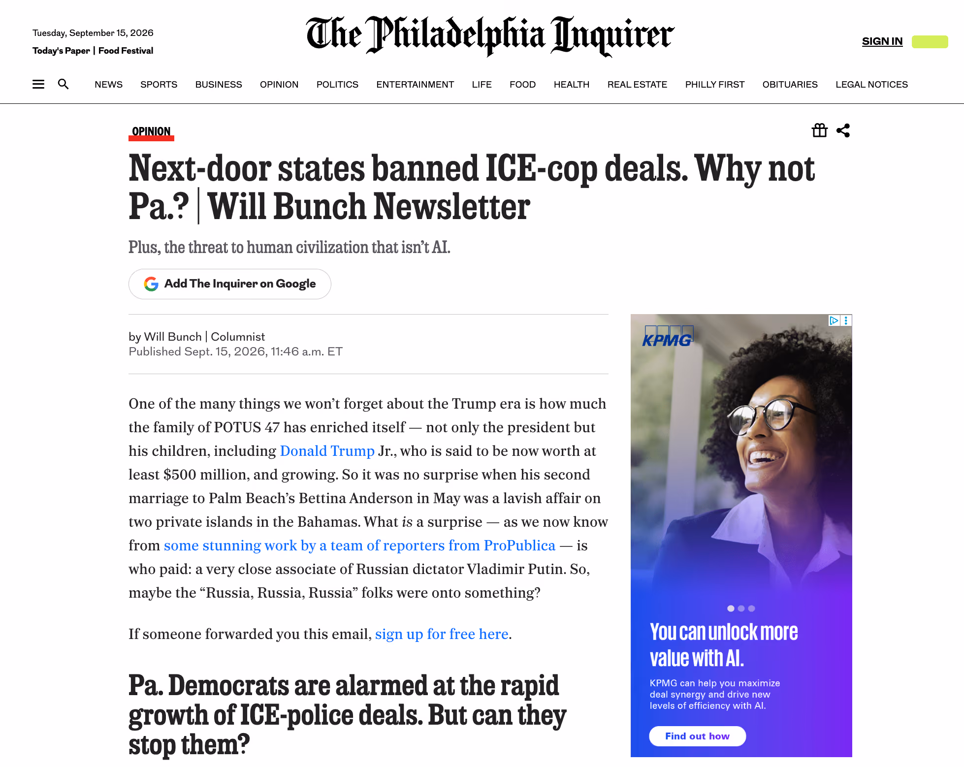 Screenshot of headline and byline from Philadelphia Inquirer opinion piece/newsletter article from columnist Will Bunch titled "Next-door states banned ICE-cop deals. Why not Pa.?" published September 15, 2026.
