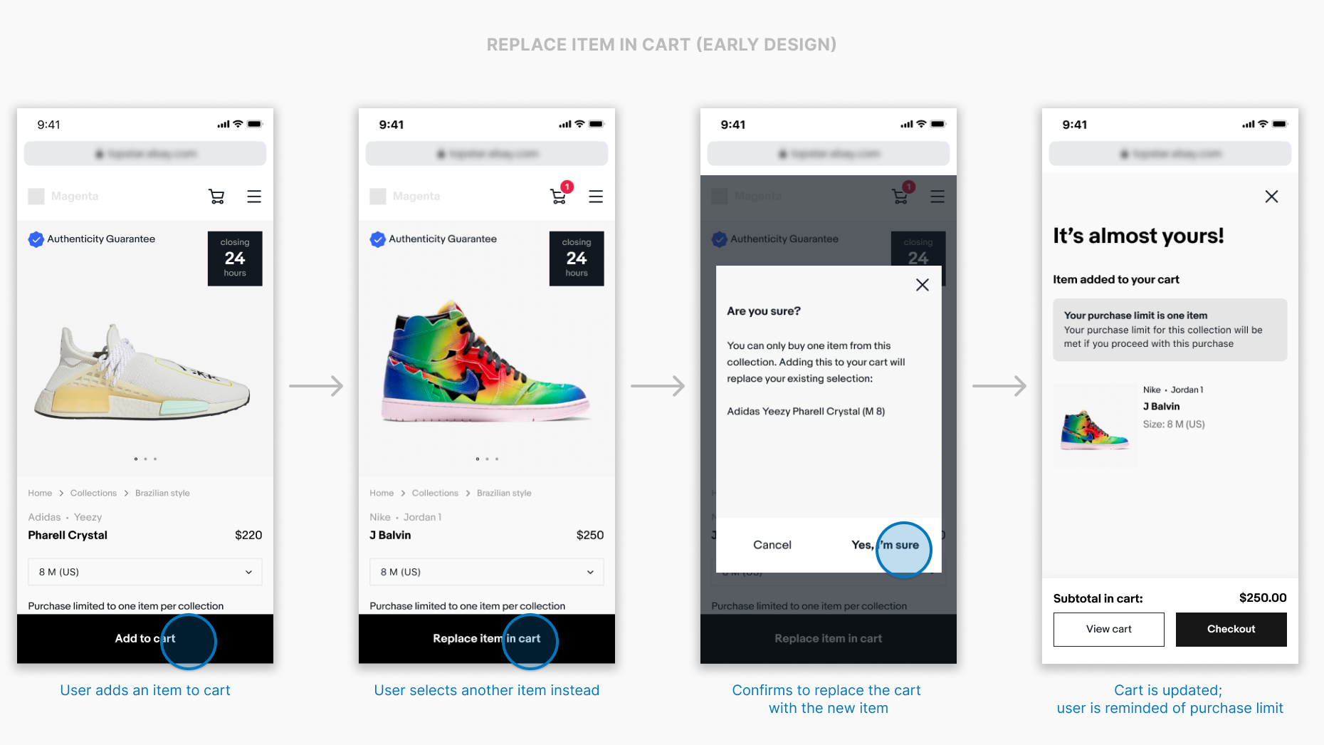 Early designs focusing on replacing an item in cart