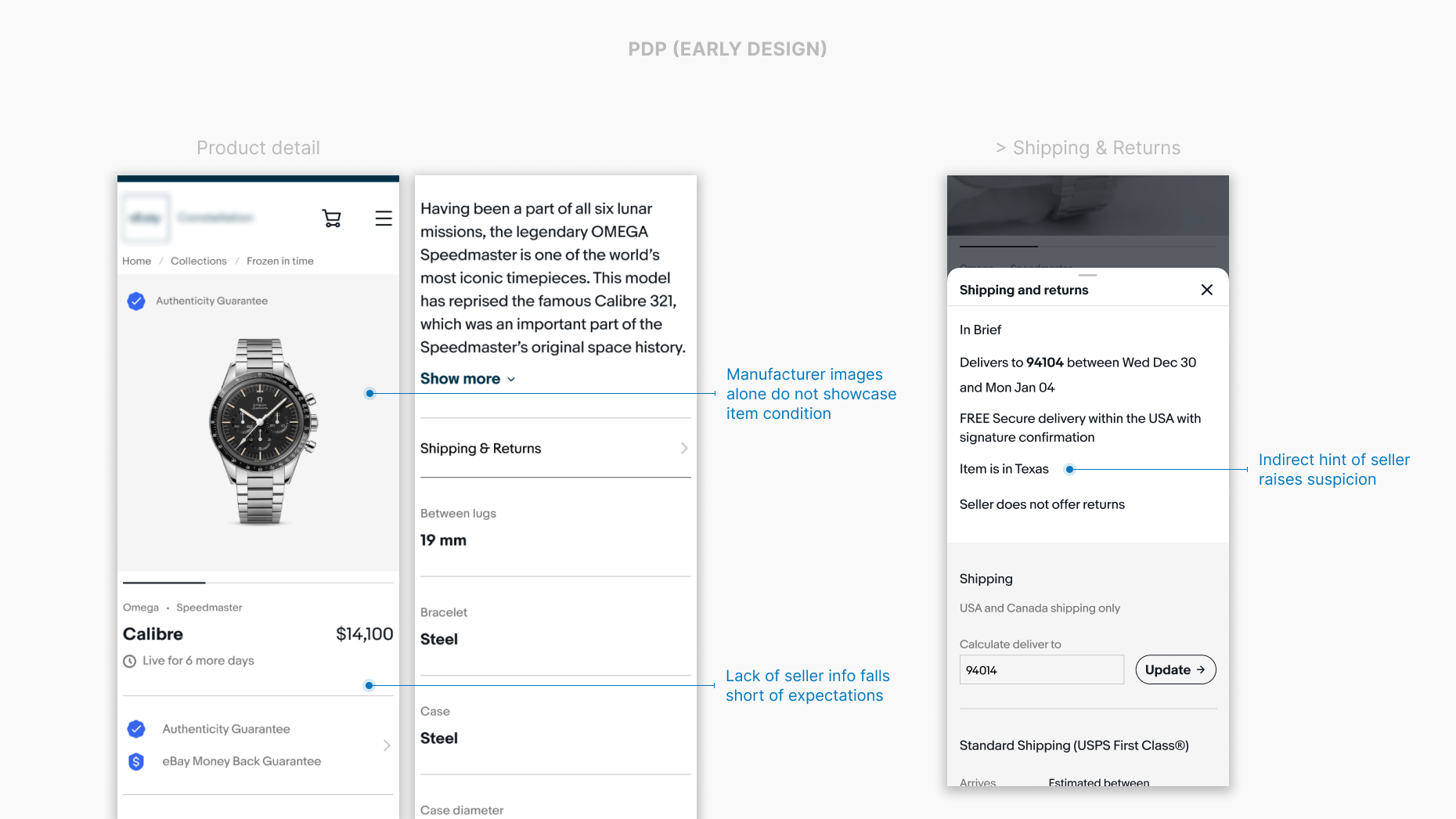 Early designs of the product detail page