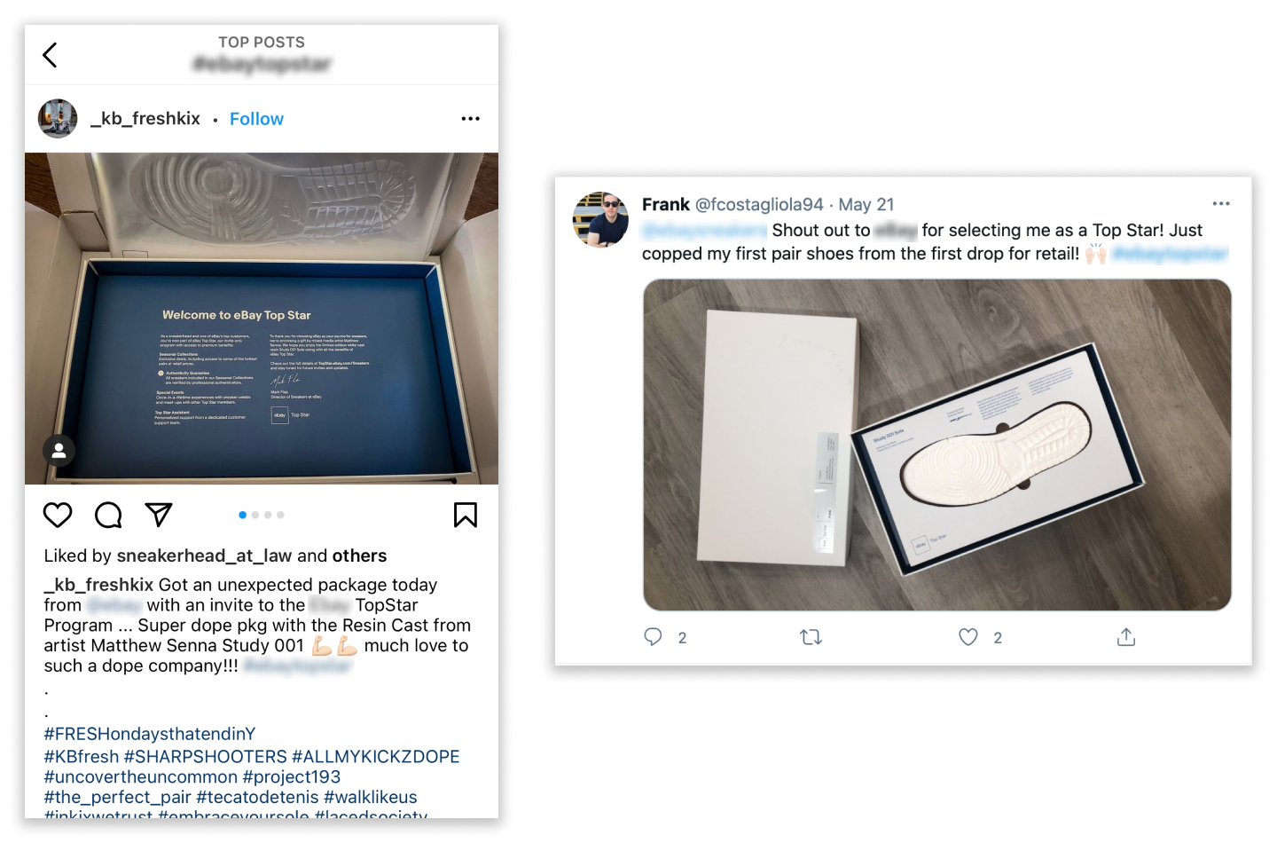 Screen captures of social media posts from Top Star users