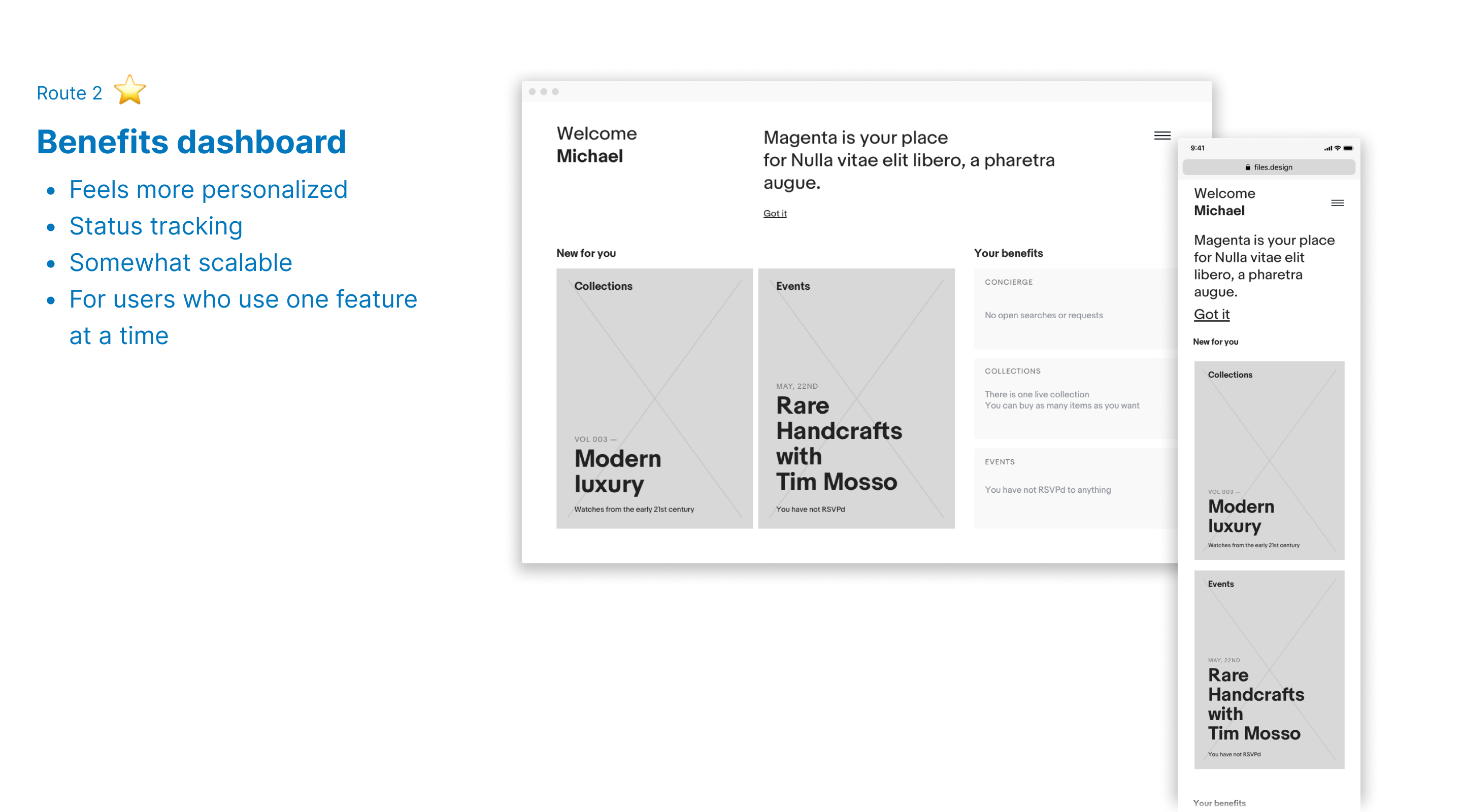 Concept sketch of first approach, benefits dashboard