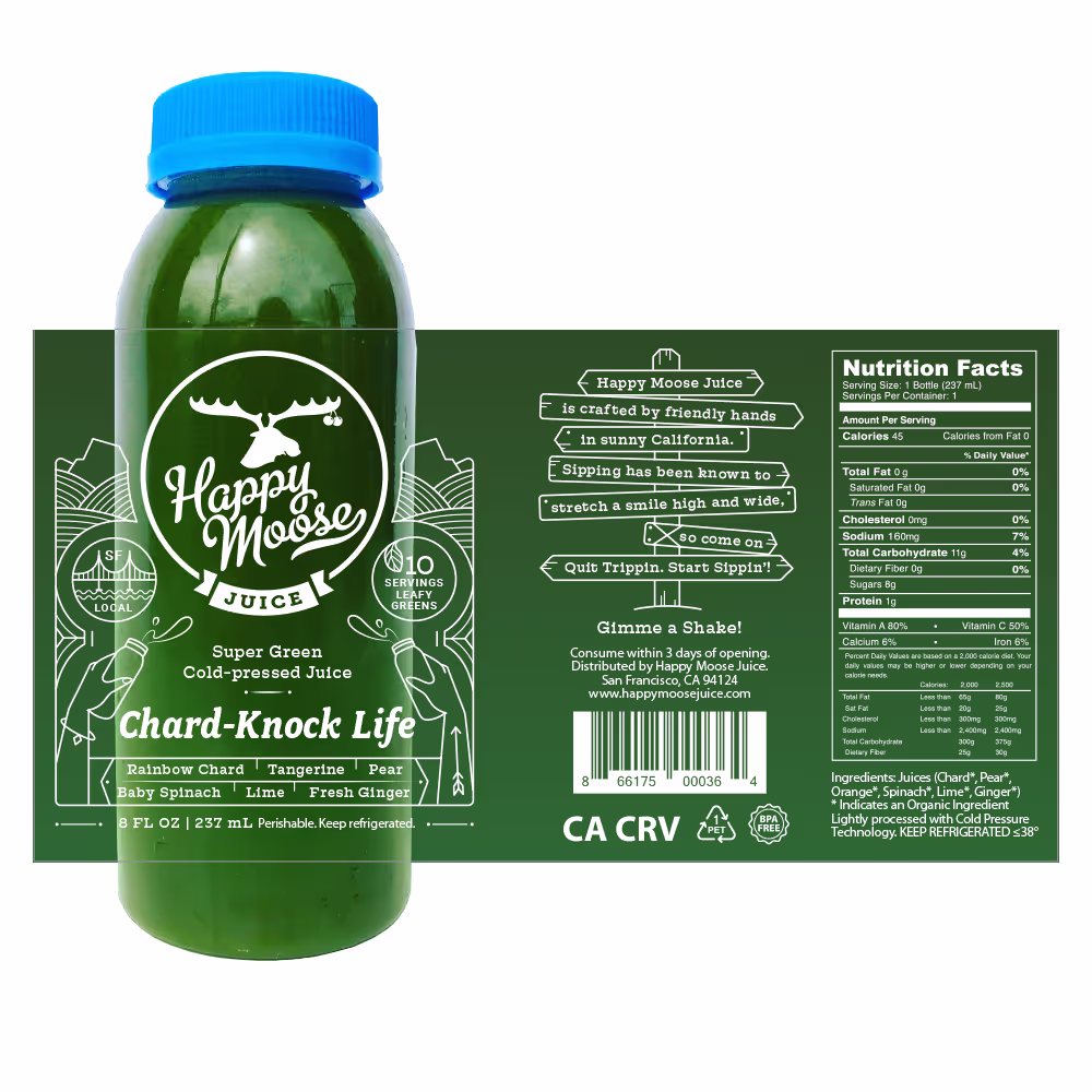 Product showcasing Happy Moose Juice's new brand identity.