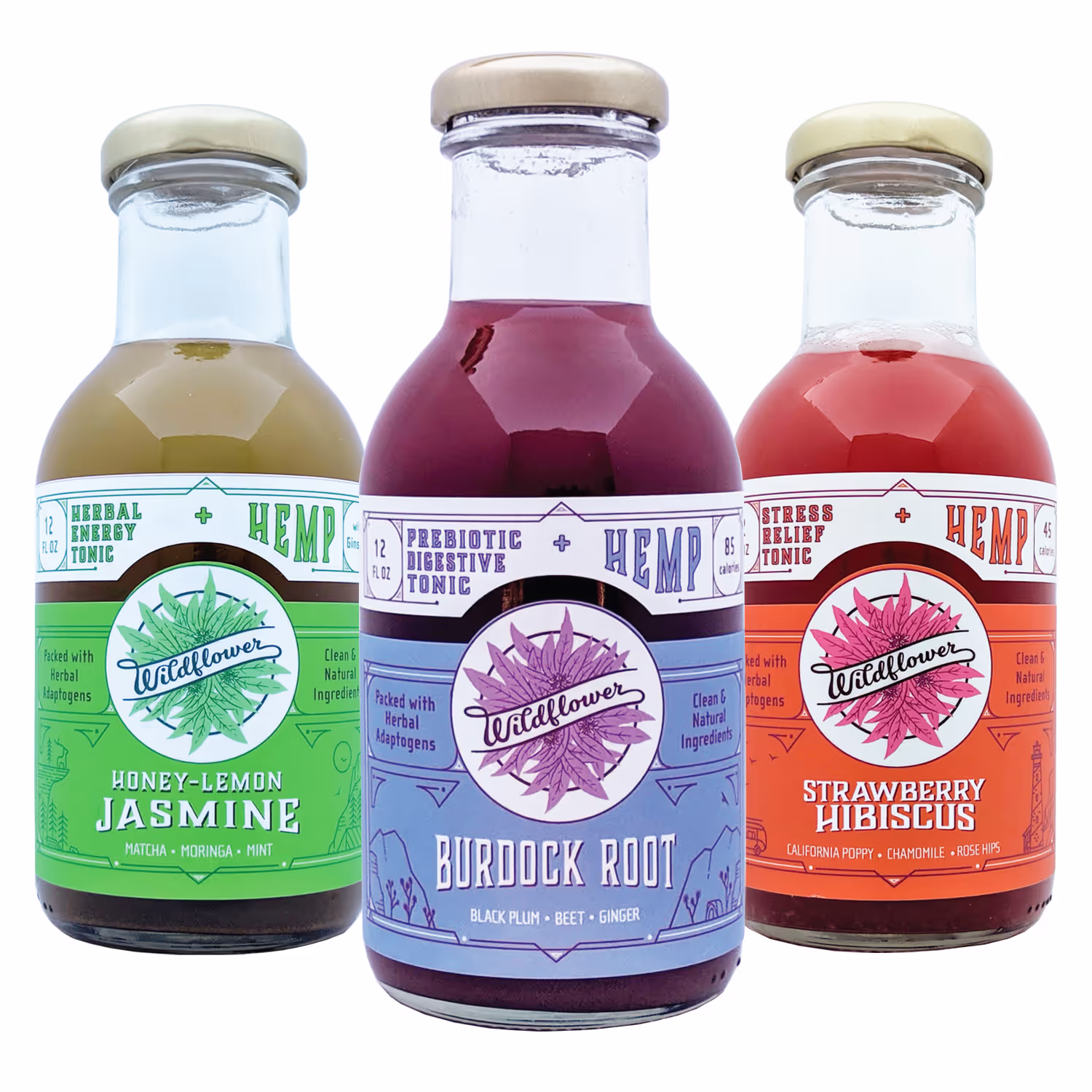 Beverage product line showcasing the new Wildflower Press brand identity.