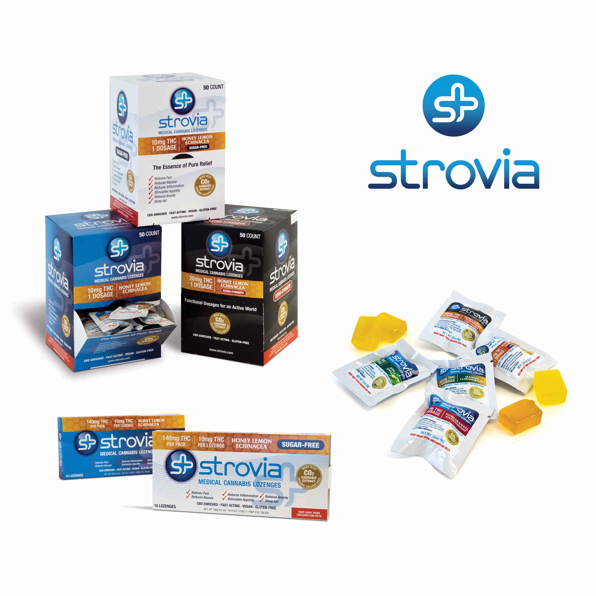 Products displaying the new Strovia brand identity.