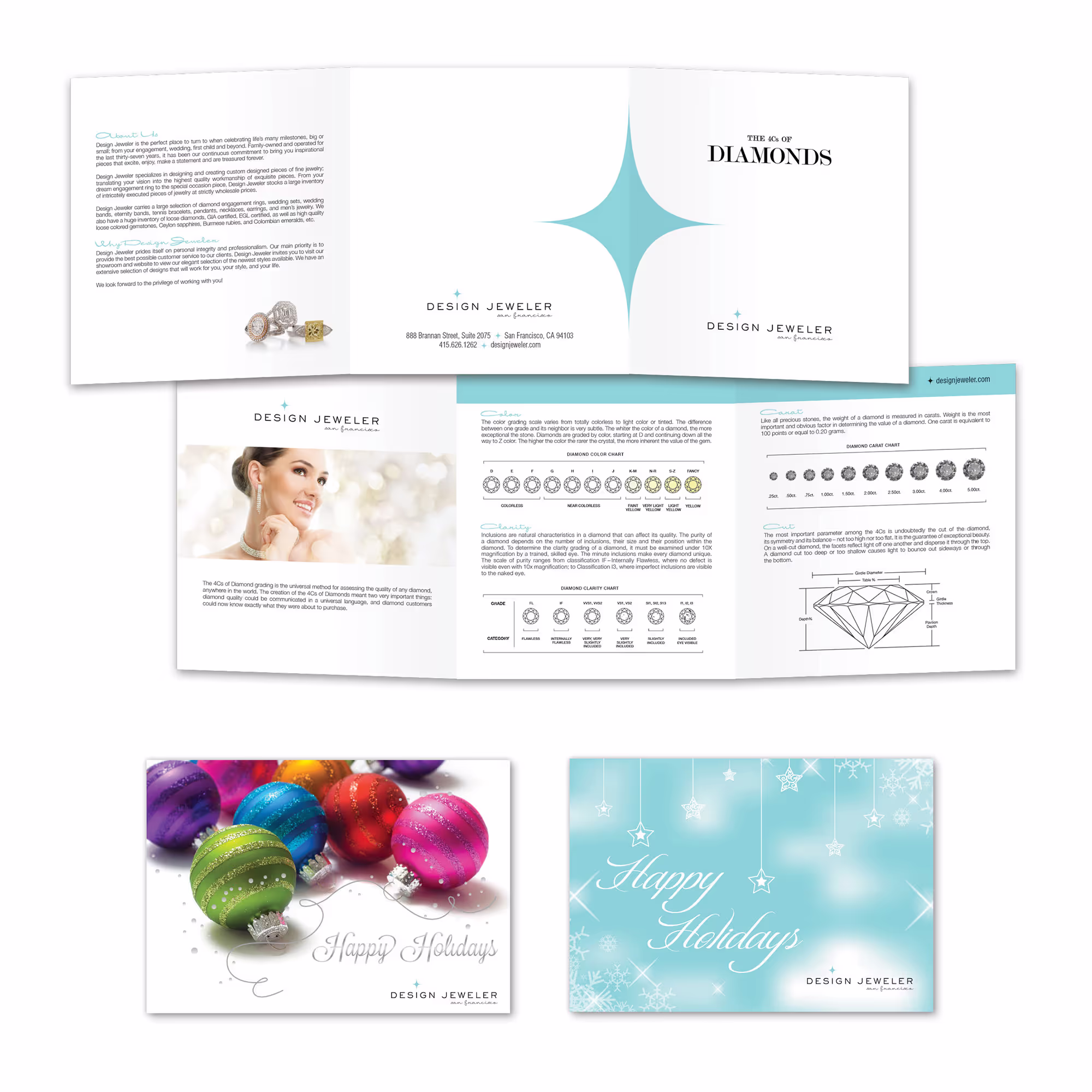 Trifold-brochure and holiday postcard marketing materials.