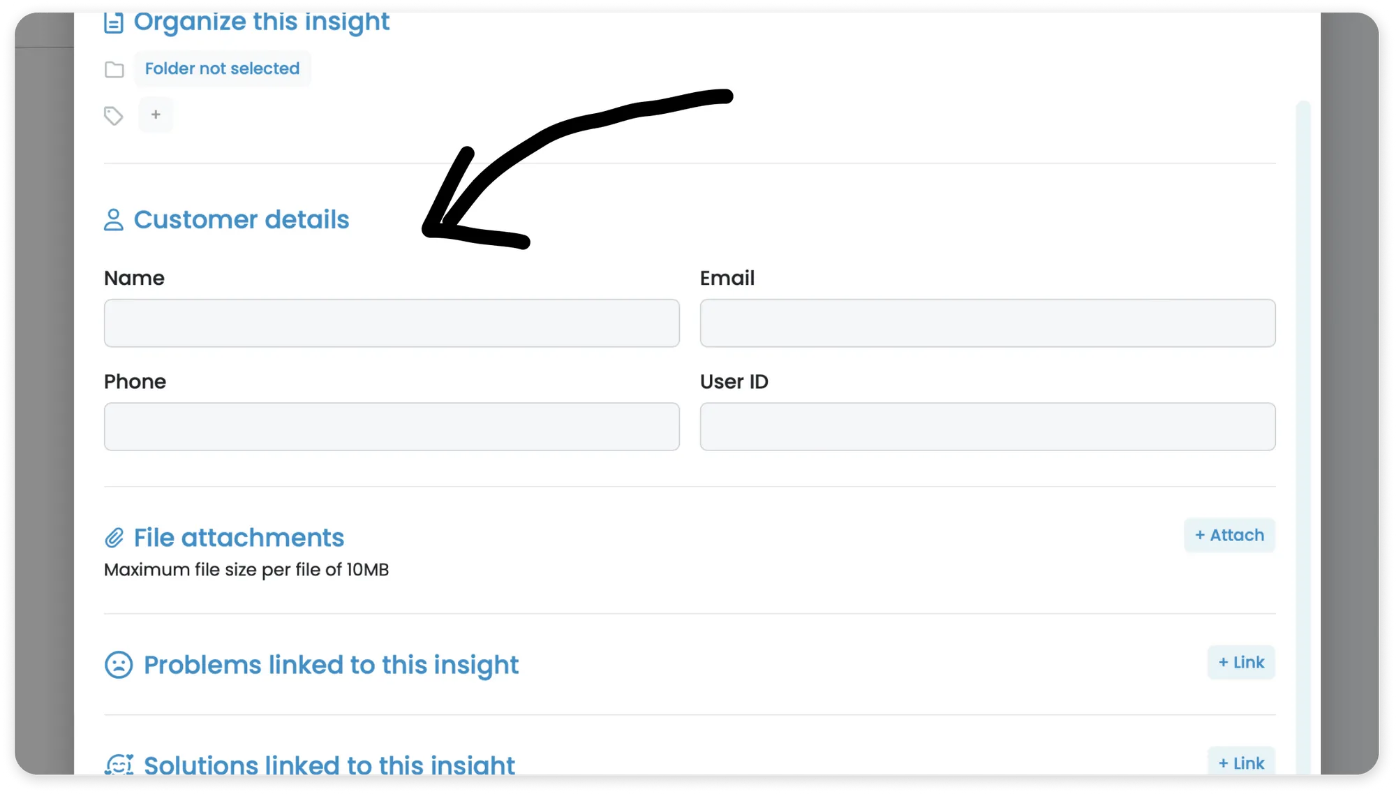 A screenshot of the insight details modal in Voyce, highlighting the Customer details section.