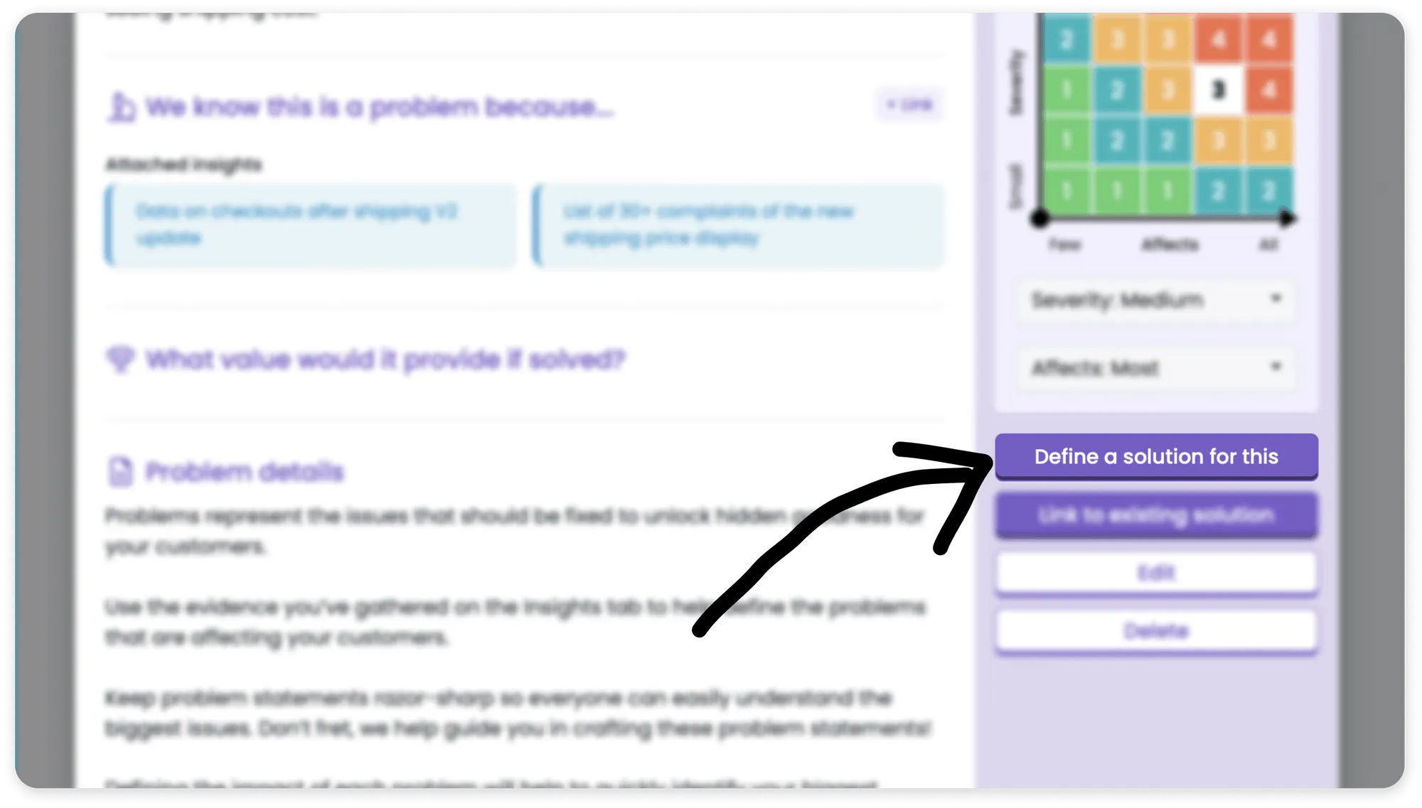 A screenshot of the problem details modal in Voyce, showing the 'Define a solution for this' button highlighted.