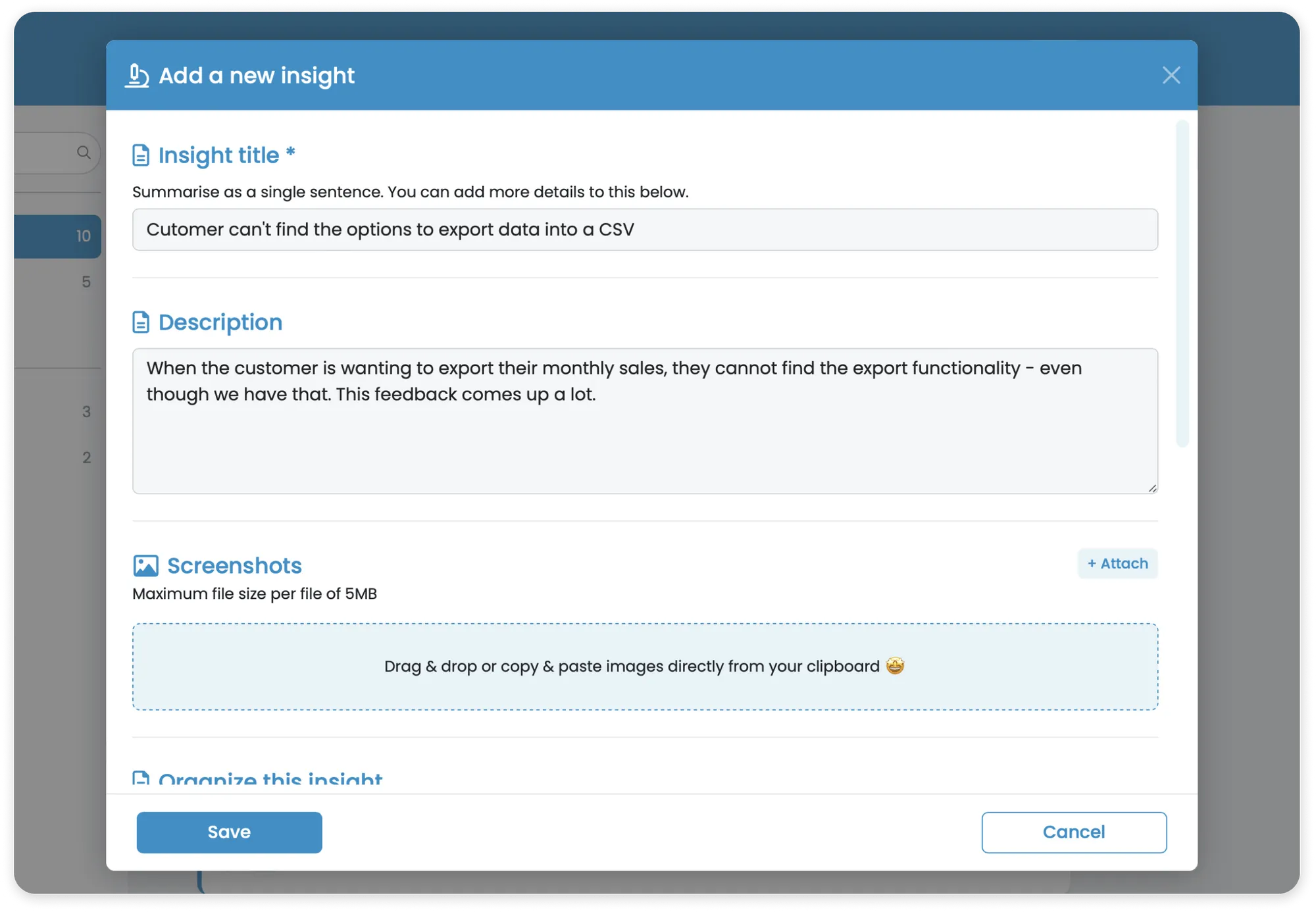 A screenshot of the insight details modal in Voyce.