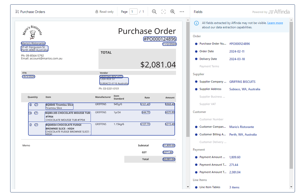 An example of Affinda's AI data extractor for purchase orders.