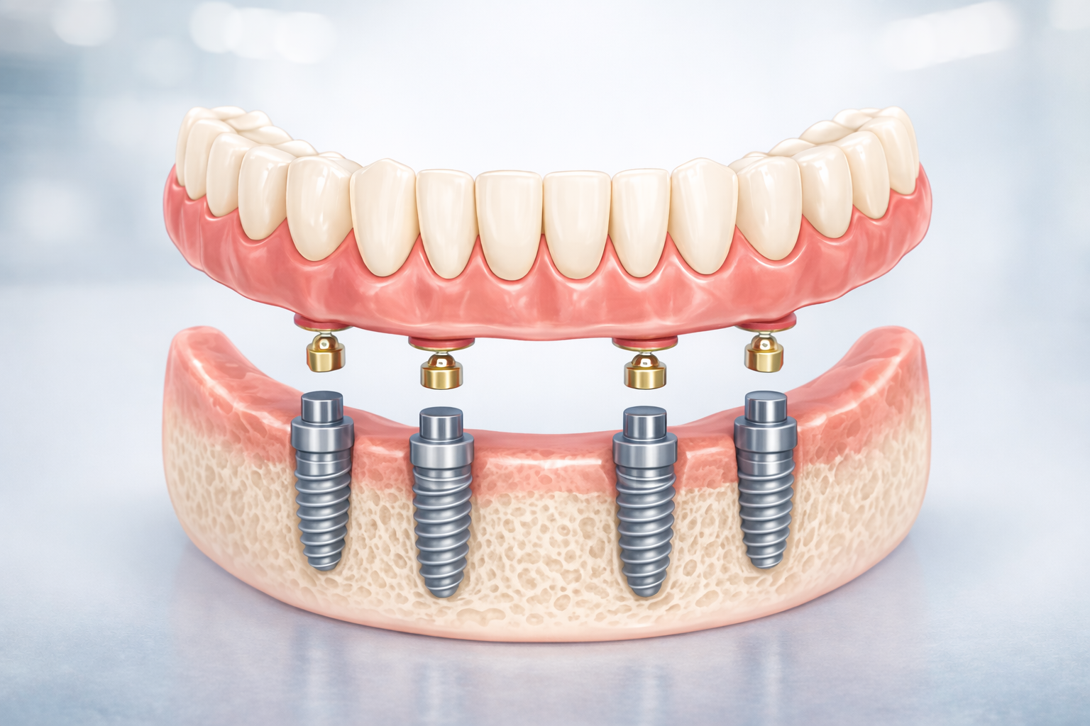 Mandibular implant-supported overdenture with titanium dental implants securing a full arch lower denture.