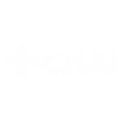 White cross icon followed by the word CHAI on black background.
