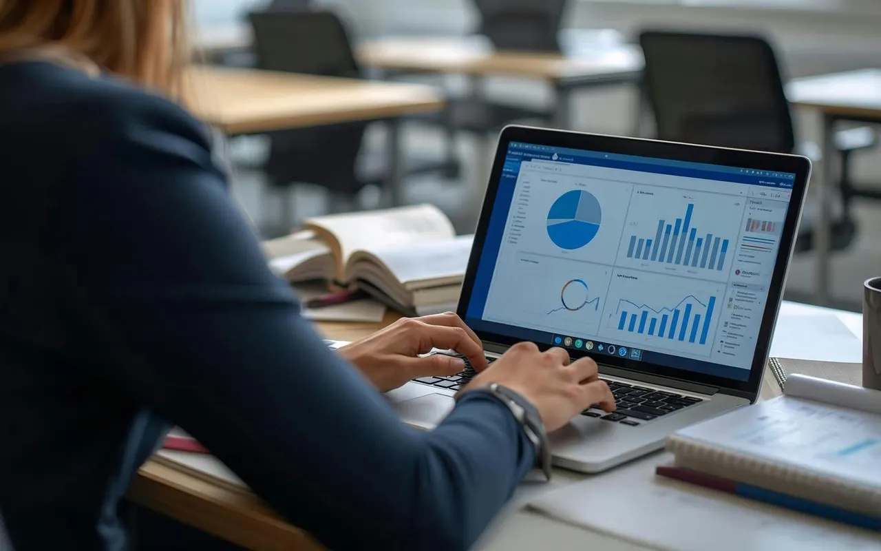 Medewerker analyseert grafieken in Excel op een laptop