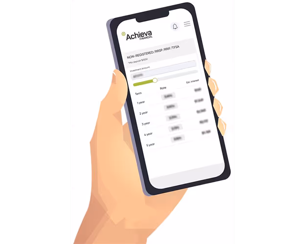 Hand holding smartphone displaying Achieva Financial app with adjustable investment amount and term-based rate and estimated interest table.