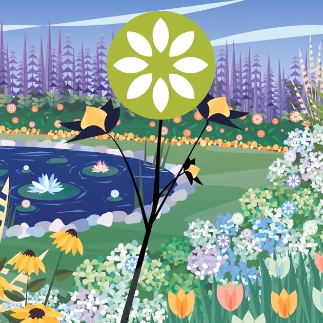 Illustration of a garden with colorful flowers, a pond with lilies, and tall purple trees in the background.