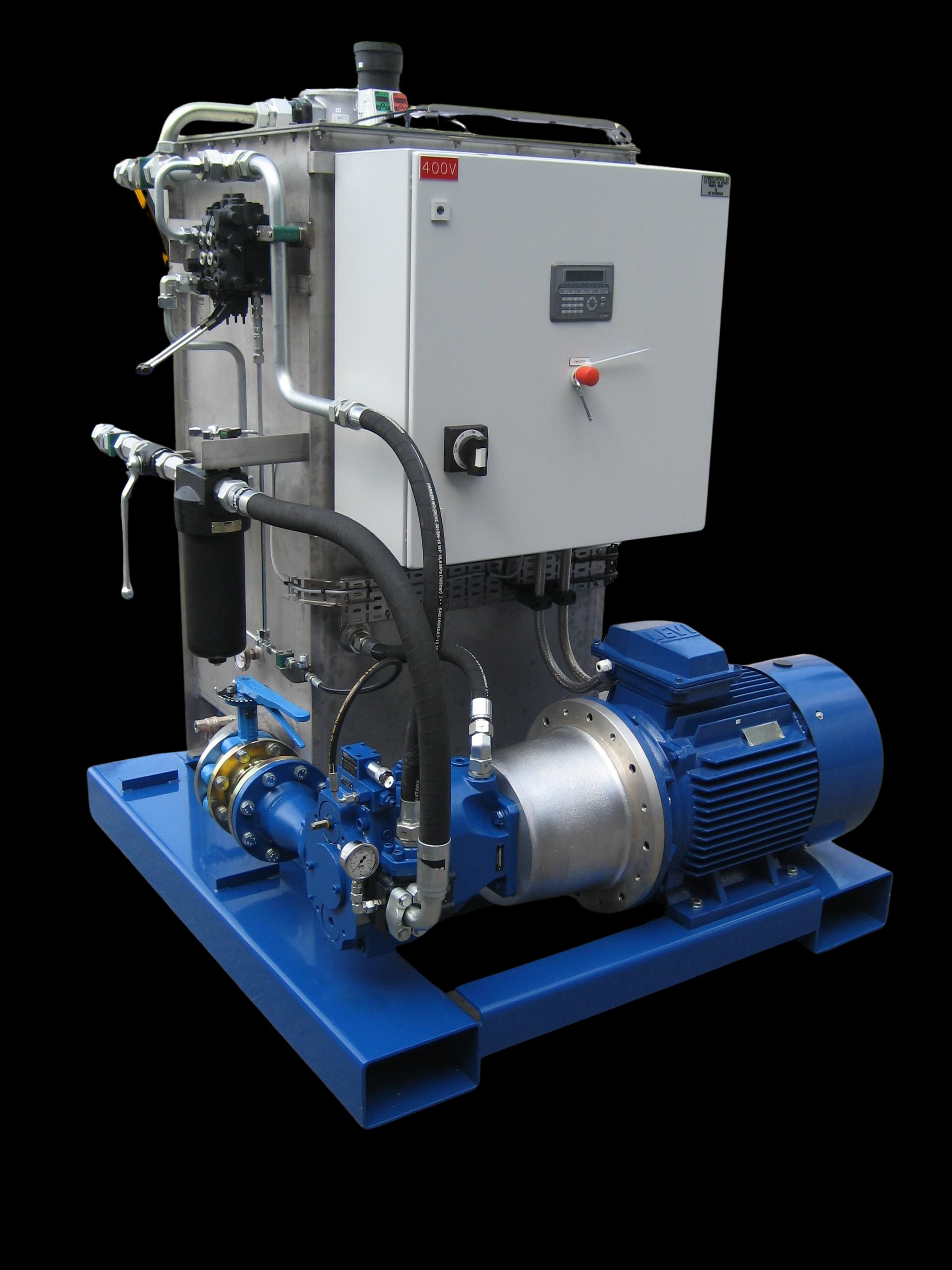 Kundetilpasset hydraulikkaggregat med hydraulikkpumpe og styreskap levert av Asker Hydraulikk