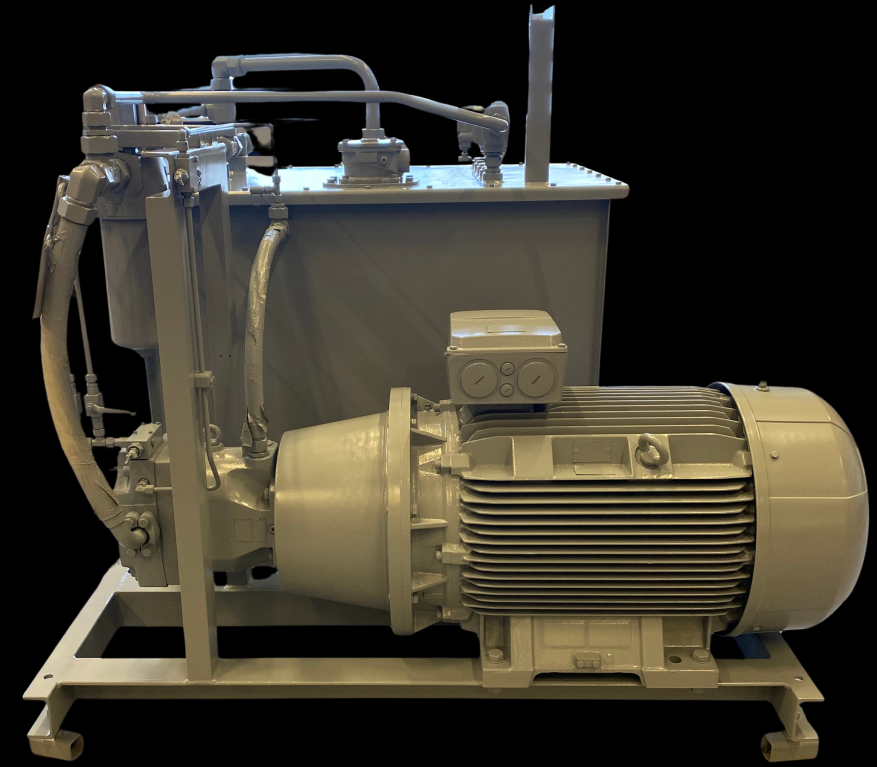 Kundetilpasset hydraulikkaggregat med hydraulikkpumpe, tank og elektromotor