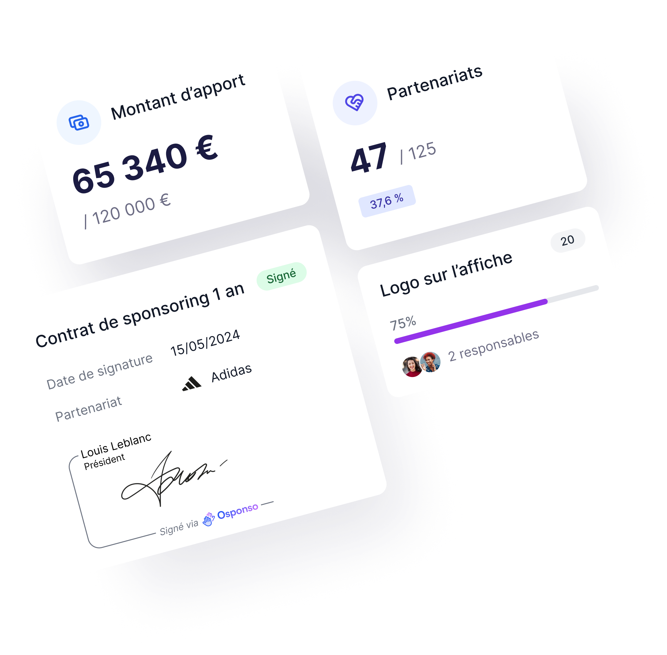4 different cards. Partnership amount, number of partners, contract signature and progress of a counterparty.