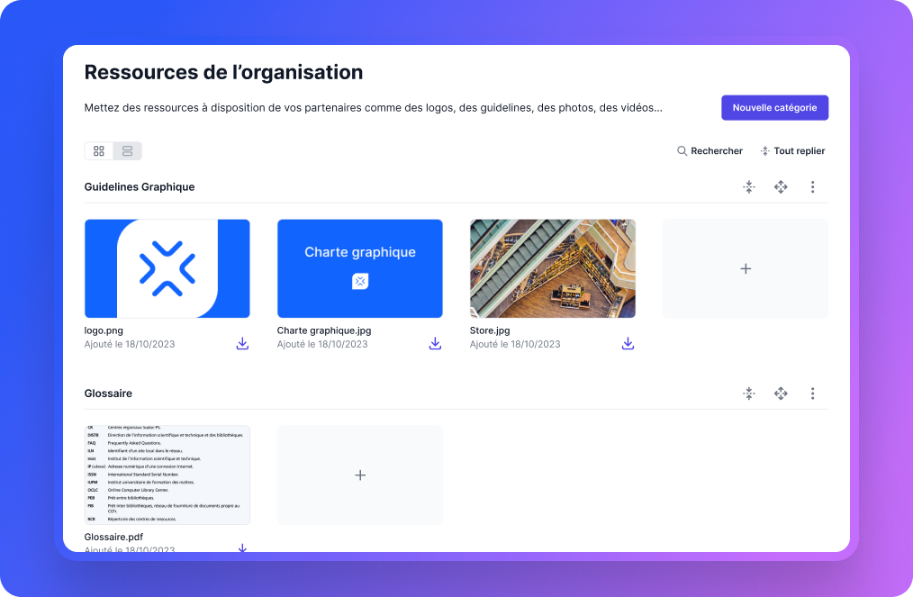 Galerie de fichiers, ressources au niveau de l'organisation