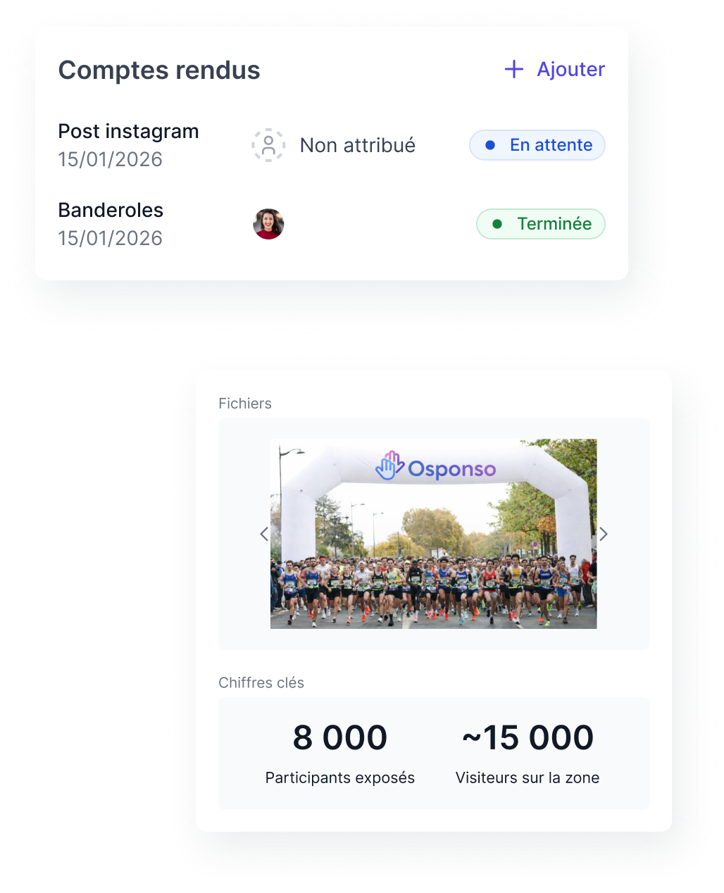 Statut des demandes de comptes rendus, et exemple d'un compte rendu avec une photos d'une arche d'arrivée et des chiffres clés