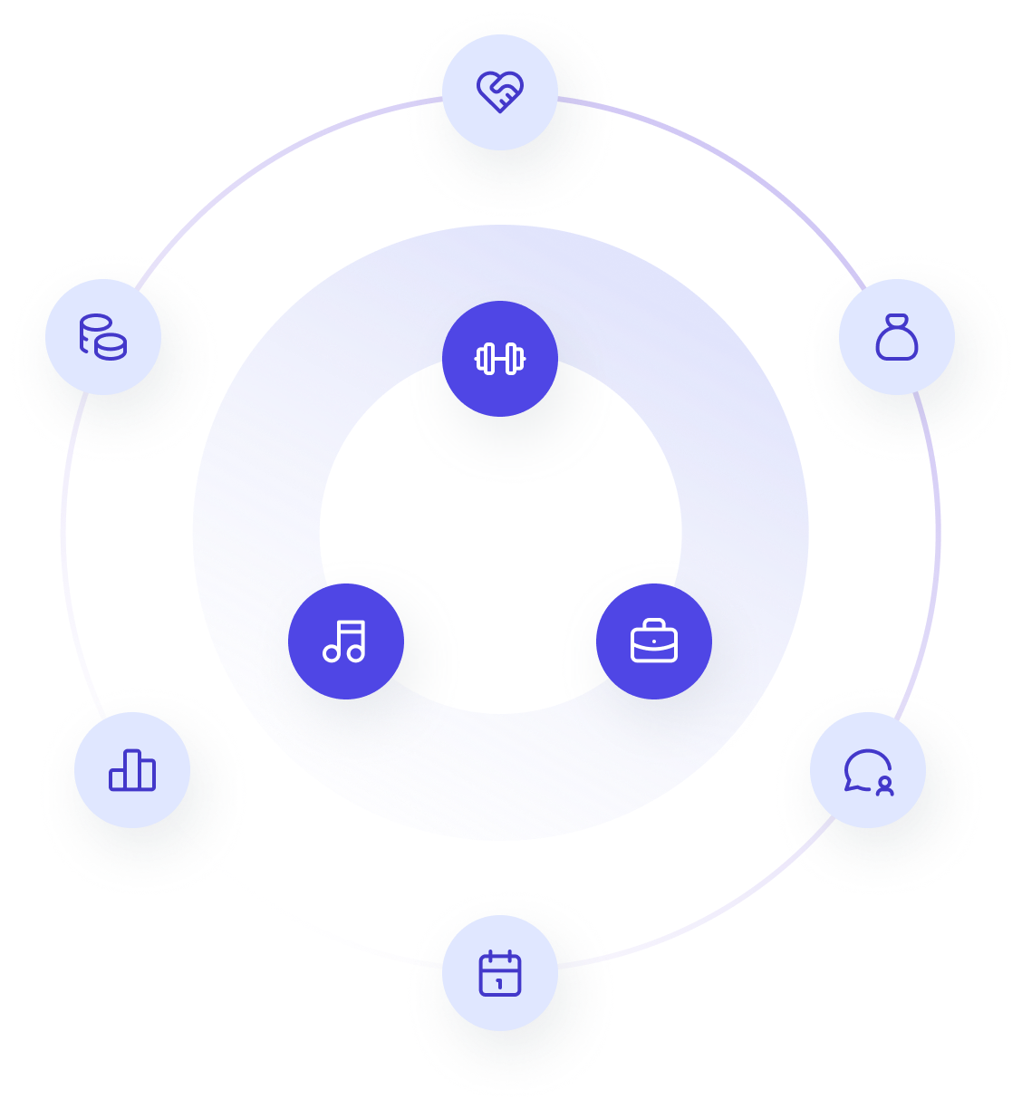 icons de pôles au centre et icons de modules fonctionnels autour
