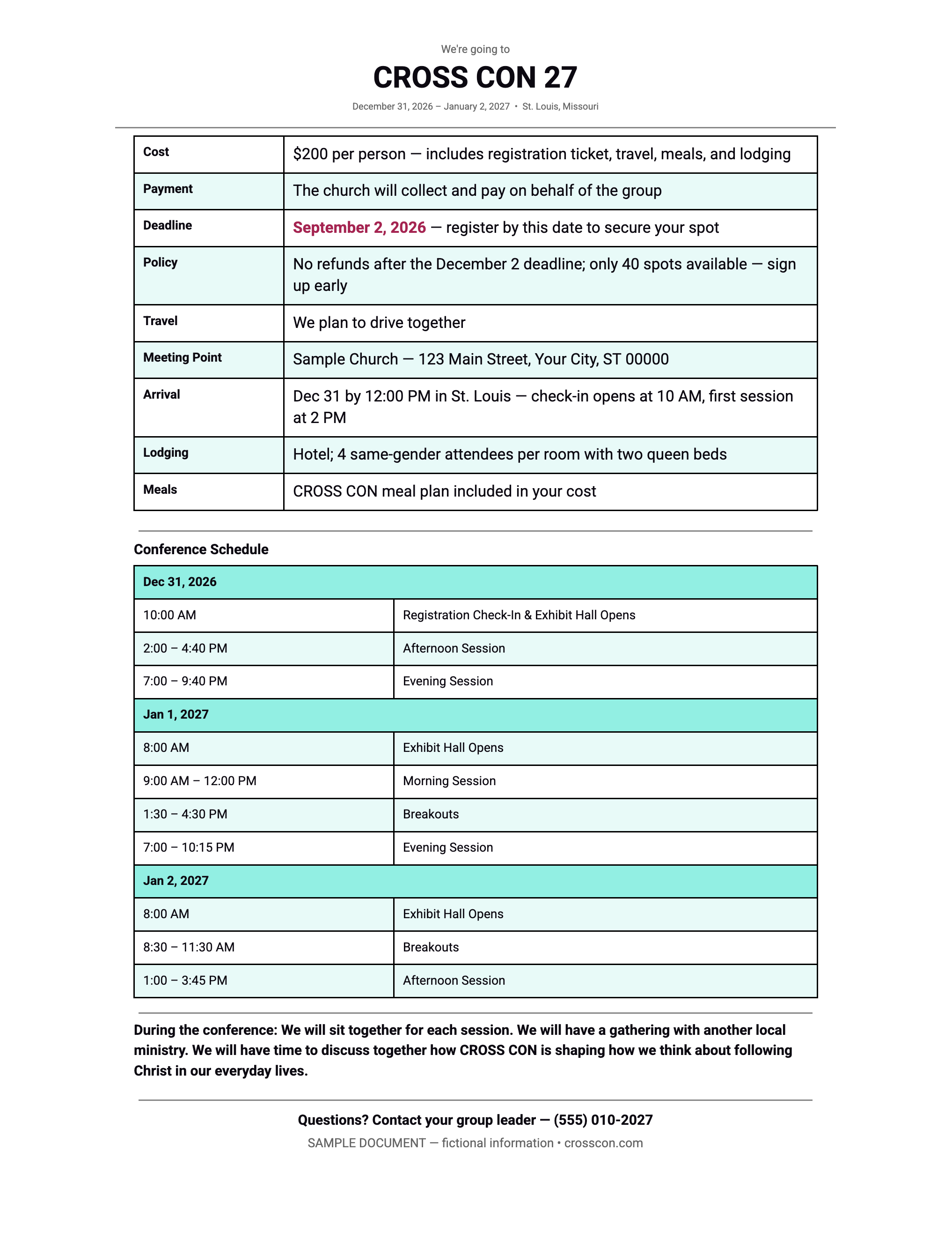 Sample CROSS CON 27 Attendee Info Sheet