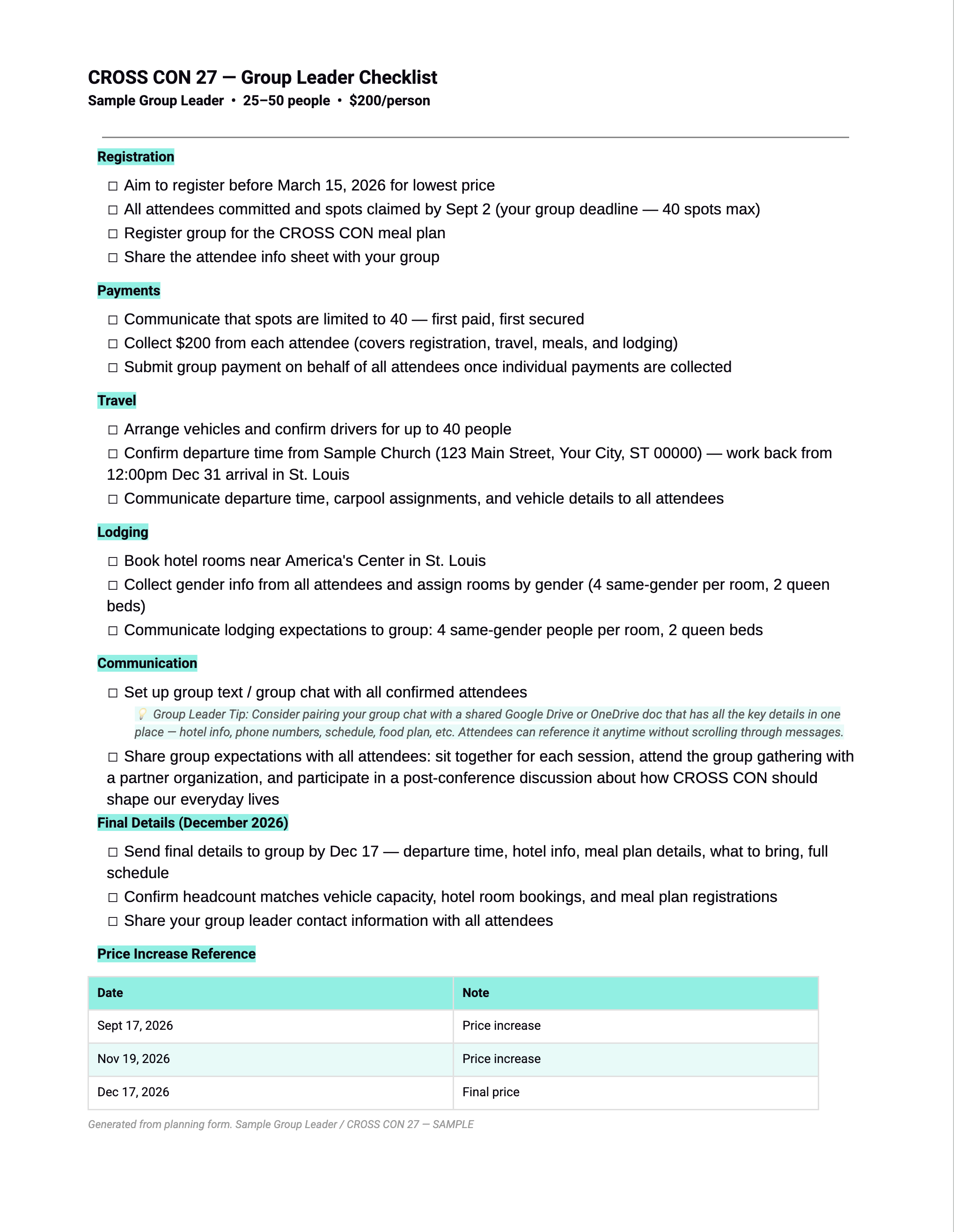 Sample CROSS CON 27 Group Leader Checklist