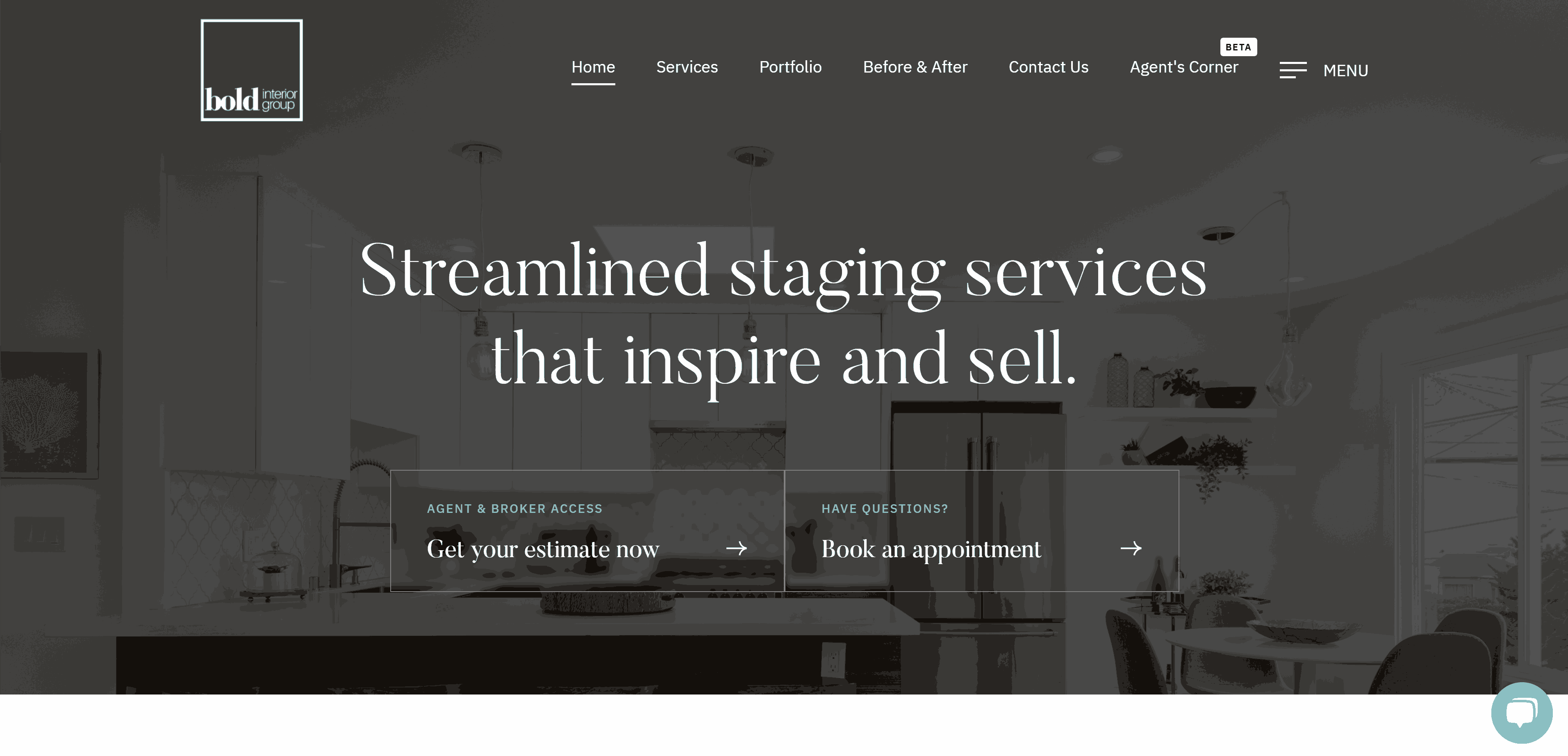 A screenshot of Bold Interior Group’s home page. The middle of the page has the text “Streamlined staging services that inspire and sell.” in a serif font with two CTAs below it. The company’s logo is situated in the top-left corner, with the menu on the opposite side. All the text is white against a background image of a renovated kitchen.