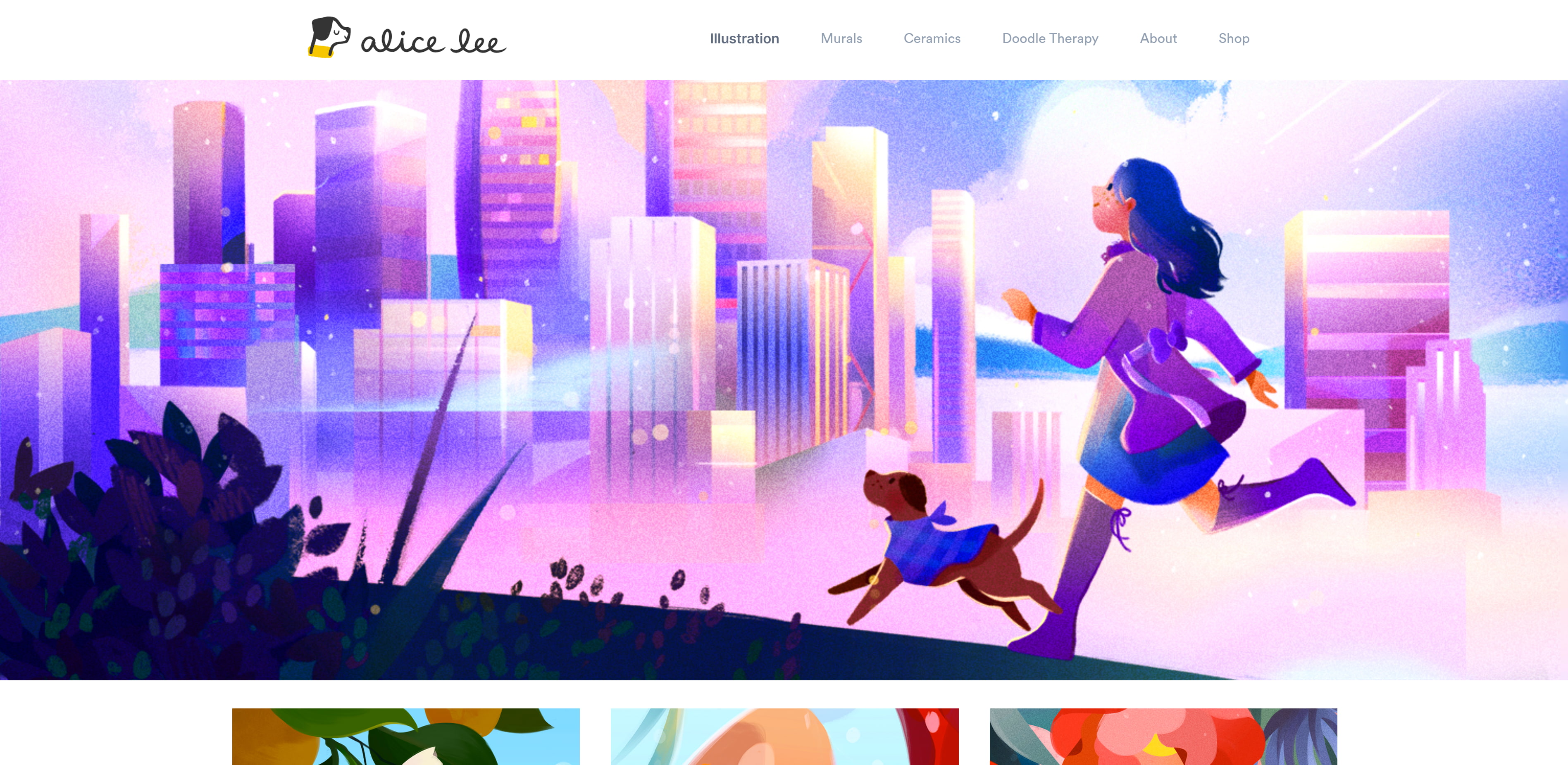 A screenshot of Alice Lee’s website with a colorful image, logo, and text for the navigation menu on a white background.