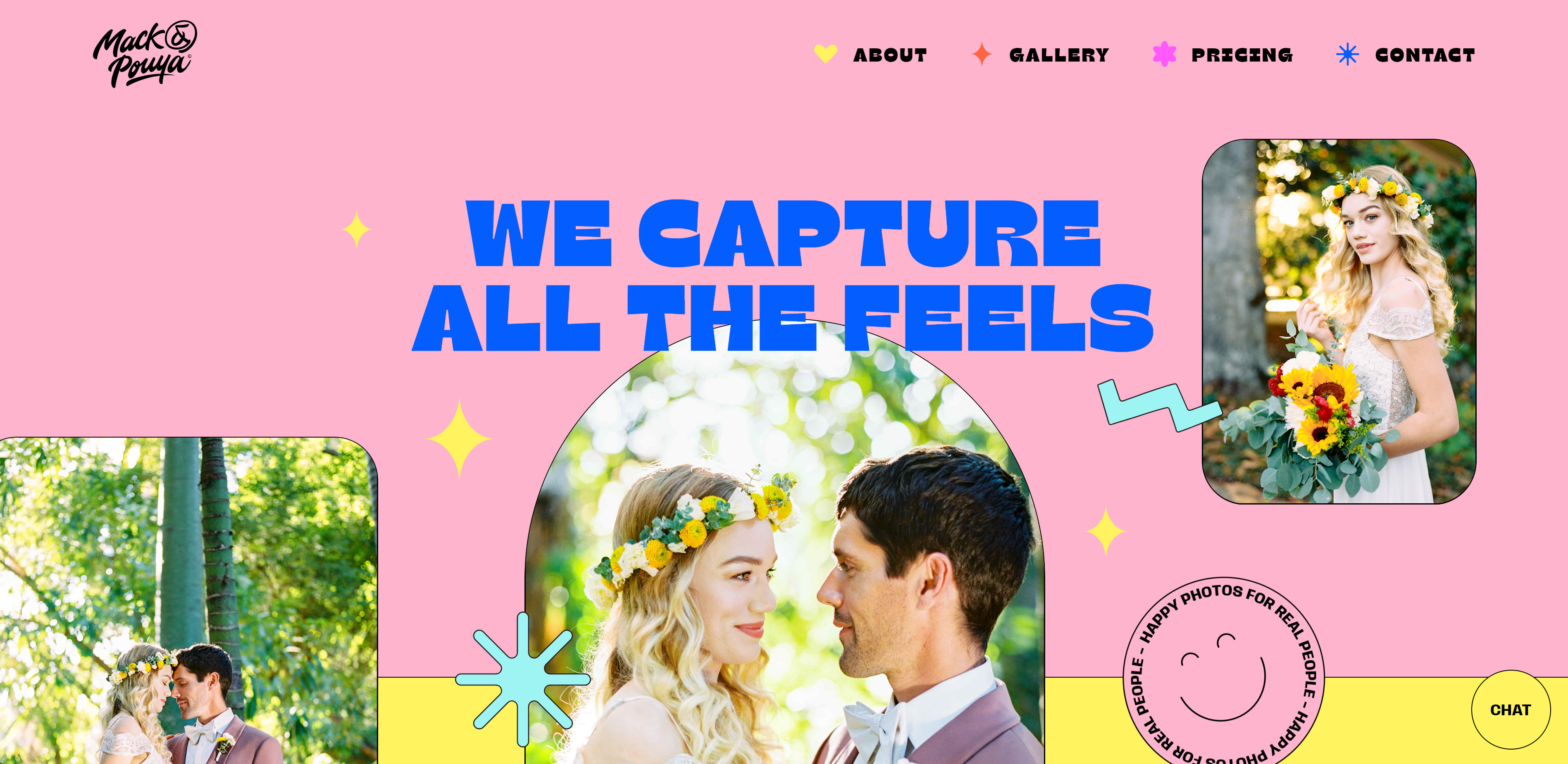 A screenshot of Mack & Pouya’s pink and yellow home page featuring wedding images of a couple, surrounded by graphic design elements and the words “We capture all the feels” in blue.